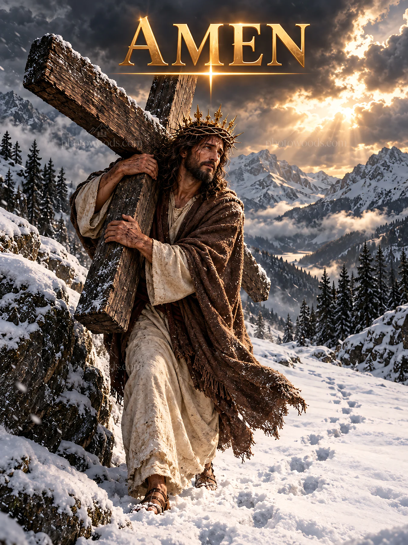 Jesus Christ carrying the cross in a snowy mountain setting - AI-generated stock image