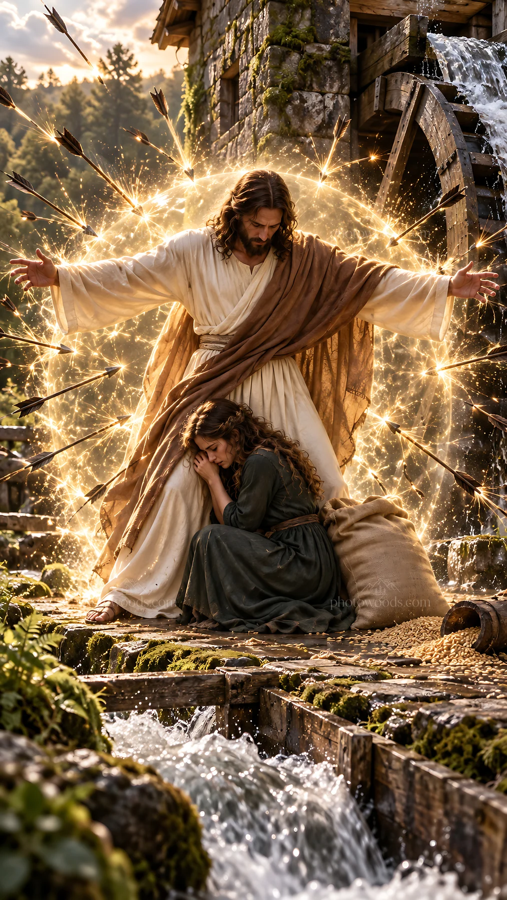 Jesus Christ comforting a sorrowful woman by water - AI-generated stock image