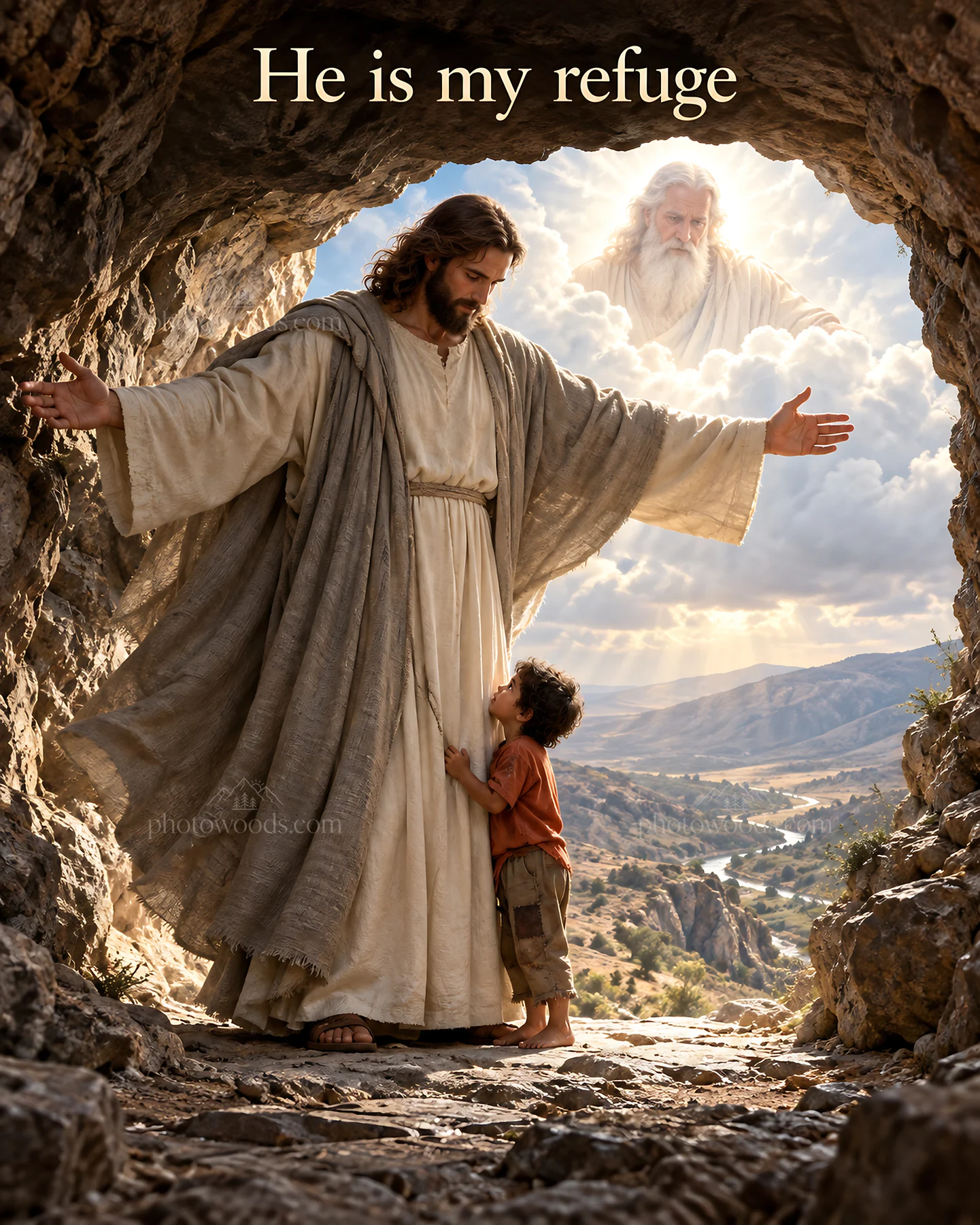 Jesus Christ comforting a child in a cave setting - AI-generated stock image