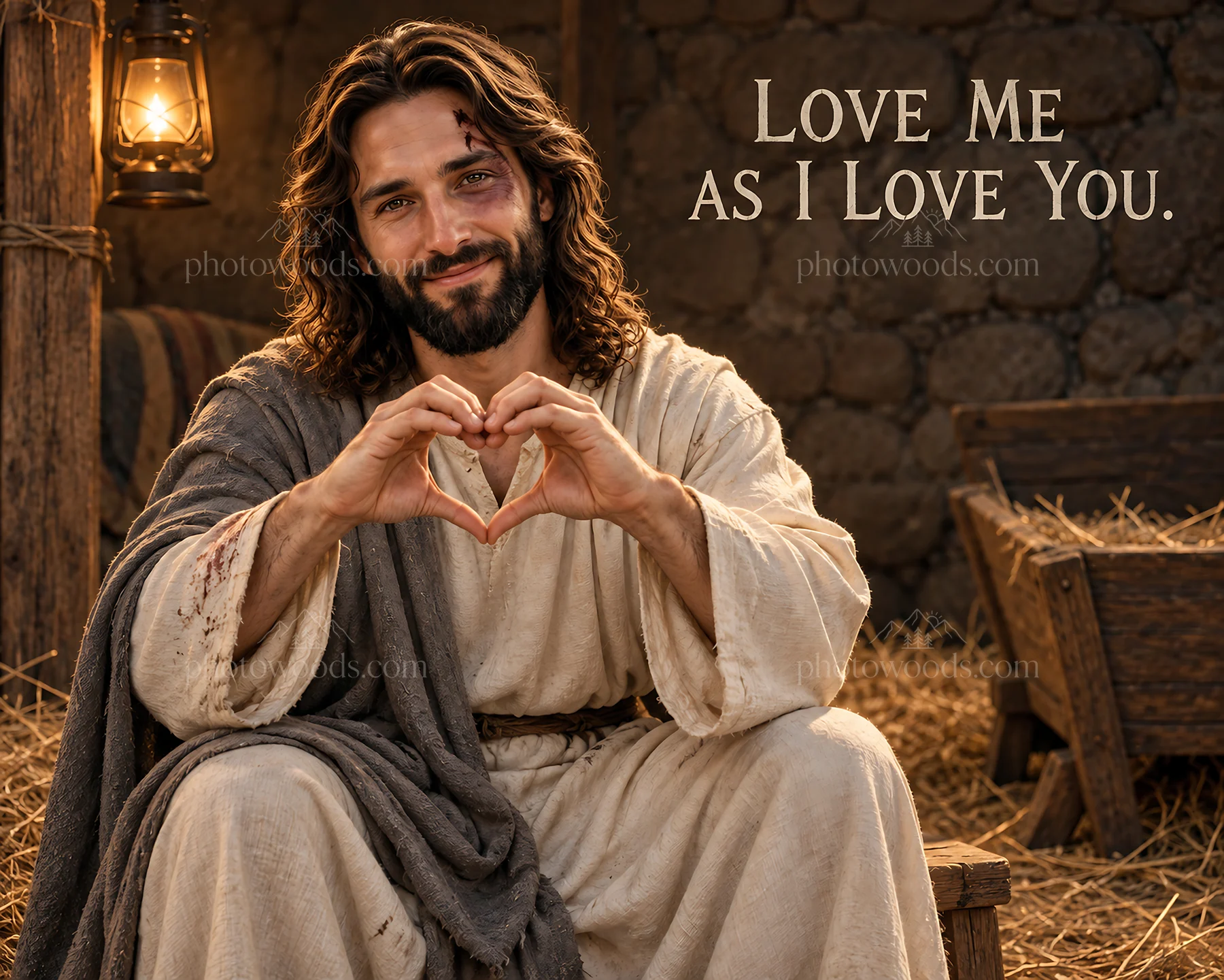 Jesus Christ showing love and compassion with heart gesture - AI-generated stock image