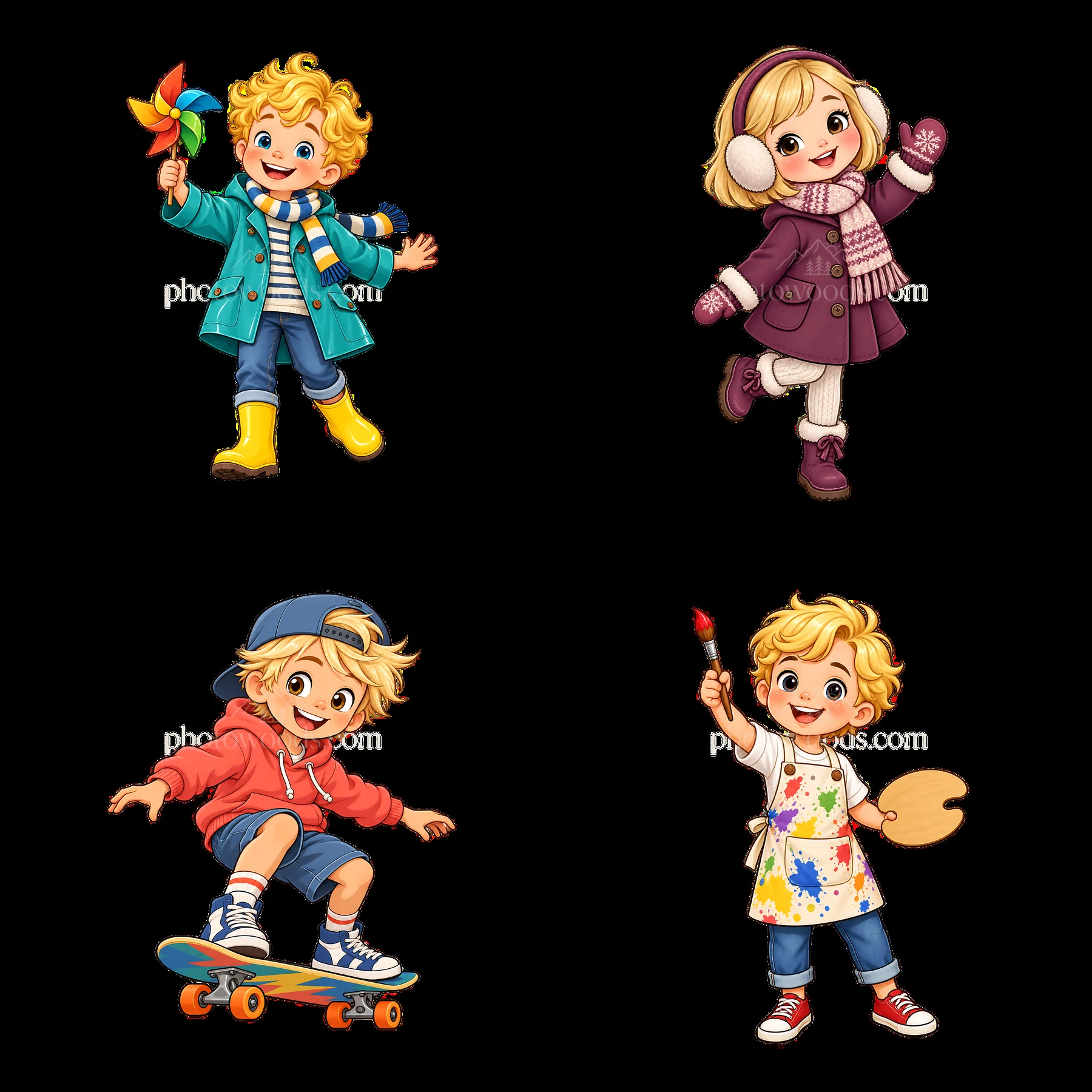 Blond child characters with activities and accessories in a grid - AI-generated stock image
