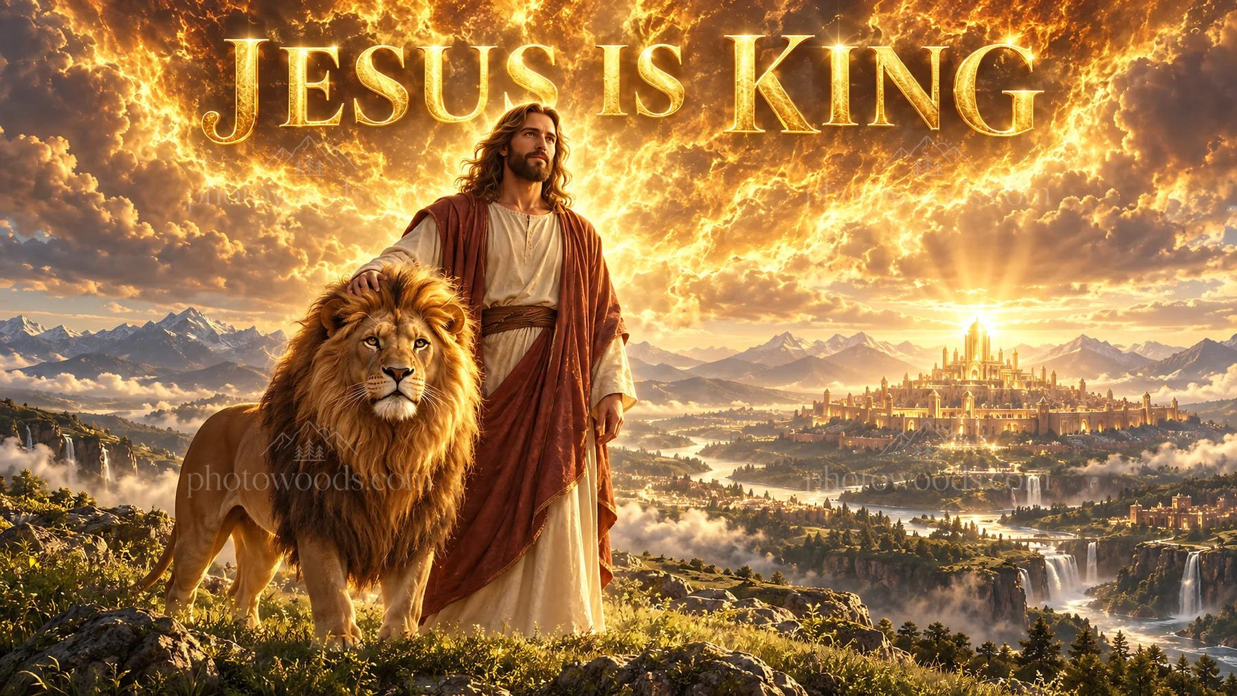 Jesus Christ standing with a lion near a heavenly city - AI-generated stock image