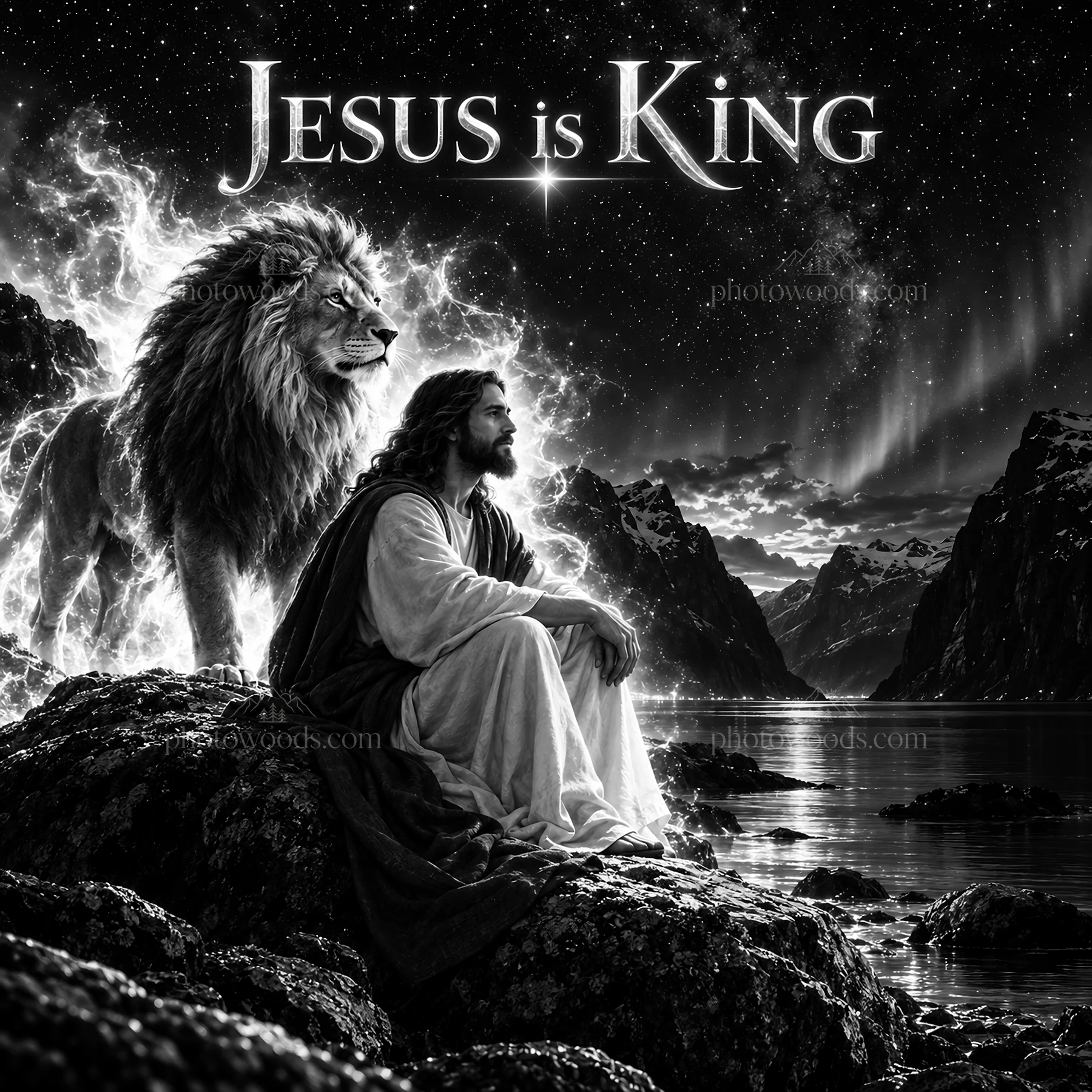 Jesus Christ sitting by the water with a lion in the background - AI-generated stock image