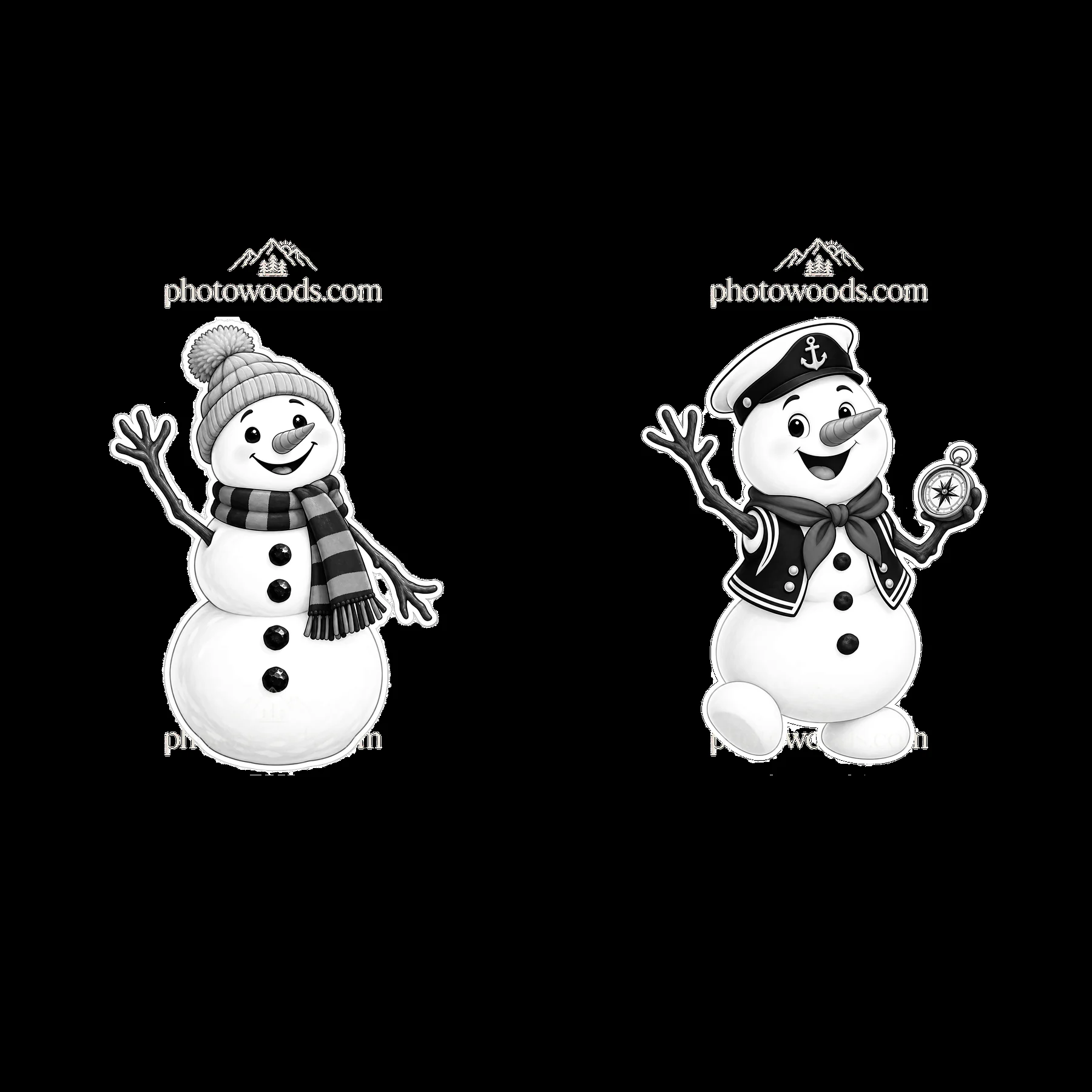 Snowman with hat and scarf and snowman in sailor outfit - AI-generated stock image