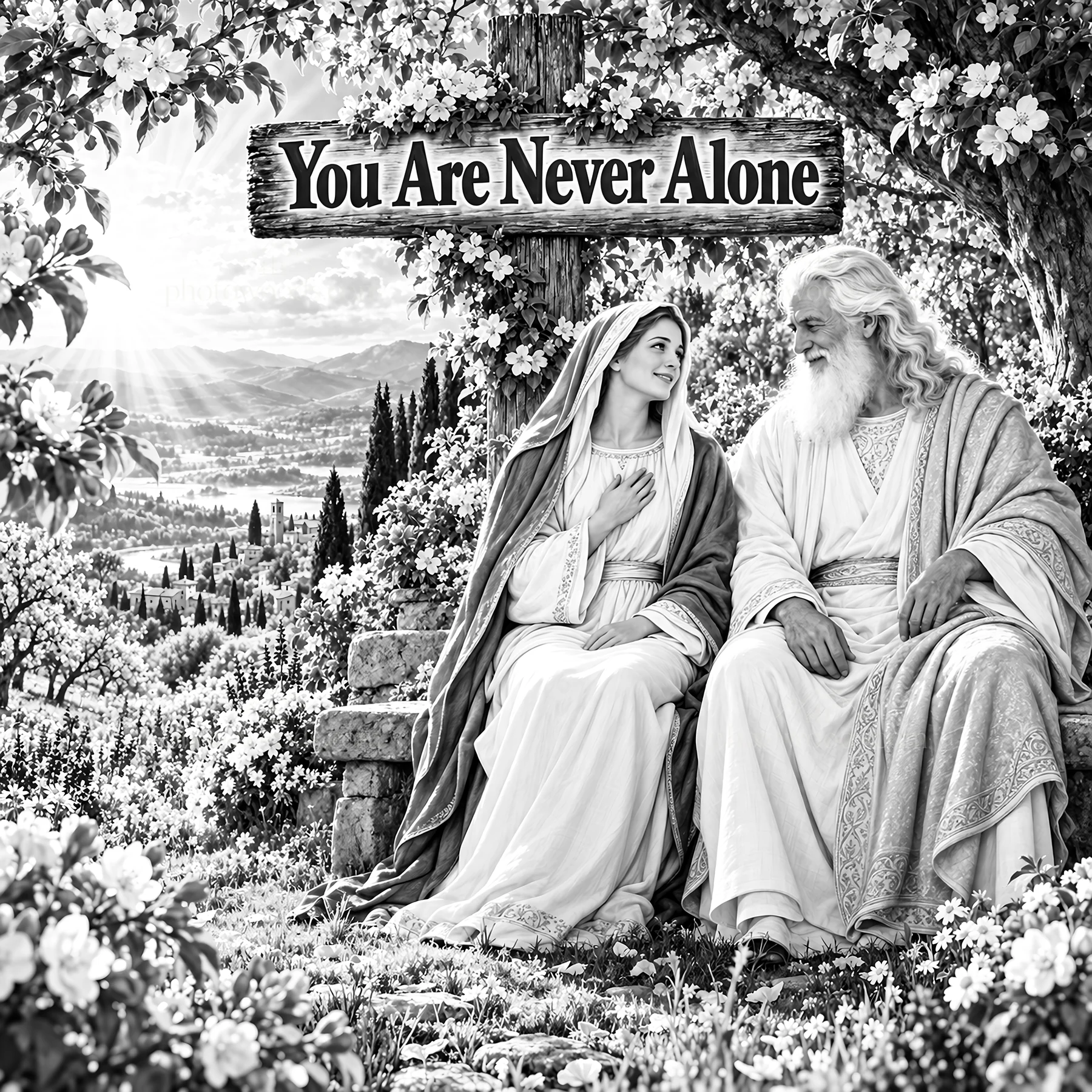 Jesus Christ comforting a person in a serene garden setting - AI-generated stock image