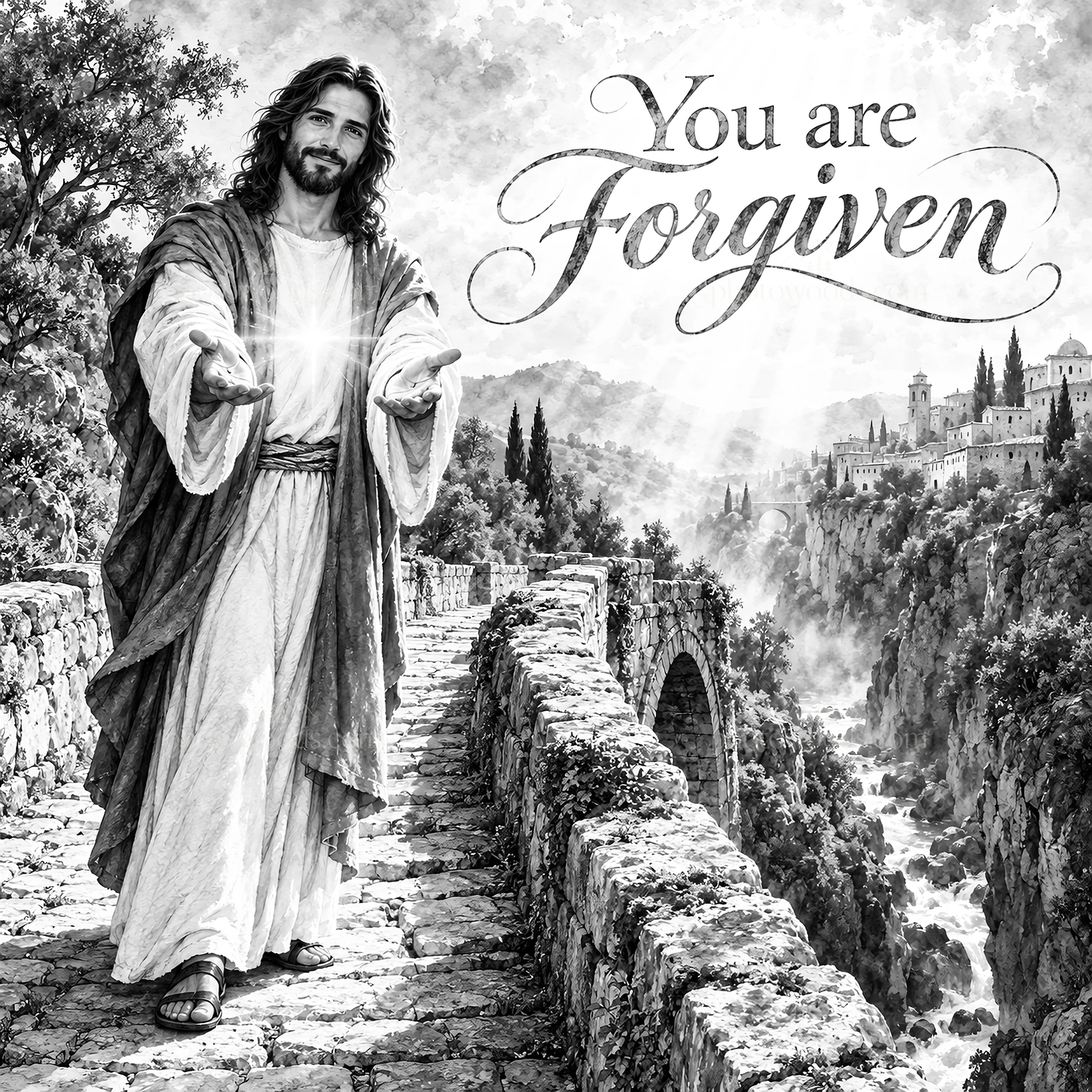 Jesus Christ welcoming with open hands in a serene landscape - AI-generated stock image