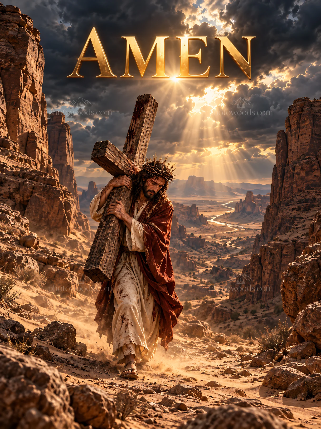 Jesus Christ carrying the cross through a rugged landscape - AI-generated stock image