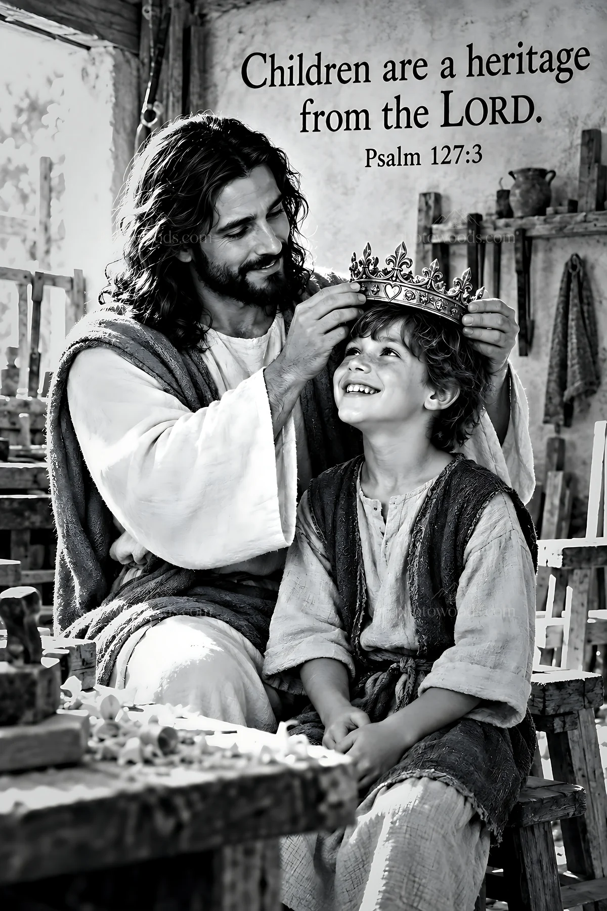 Father and son share a moment in the workshop with a crown - AI-generated stock image