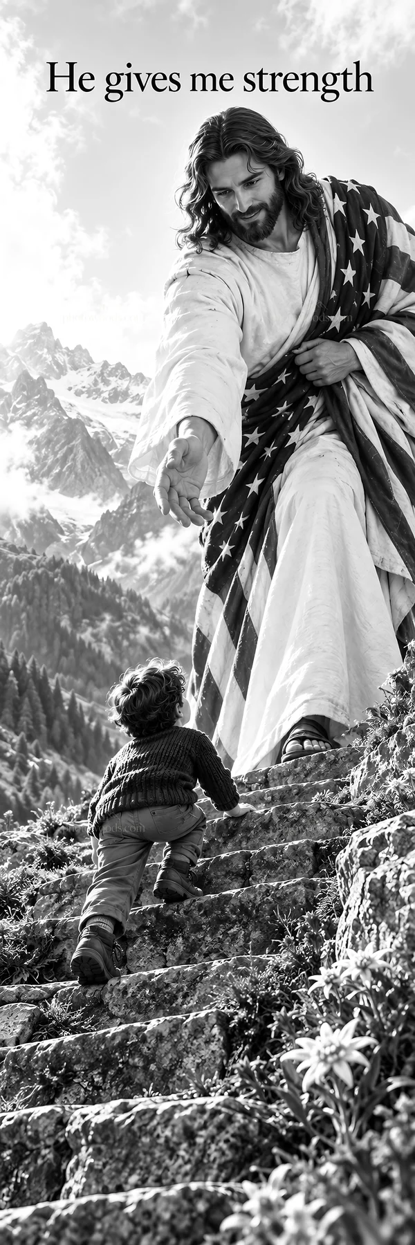 Jesus Christ reaching out to a child on a mountain path - AI-generated stock image