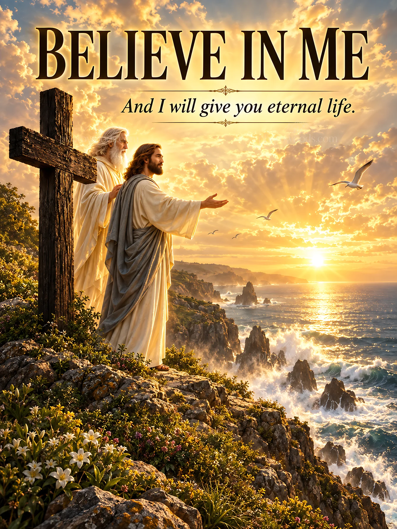 Jesus Christ speaks on a cliffside overlooking the sea - AI-generated stock image