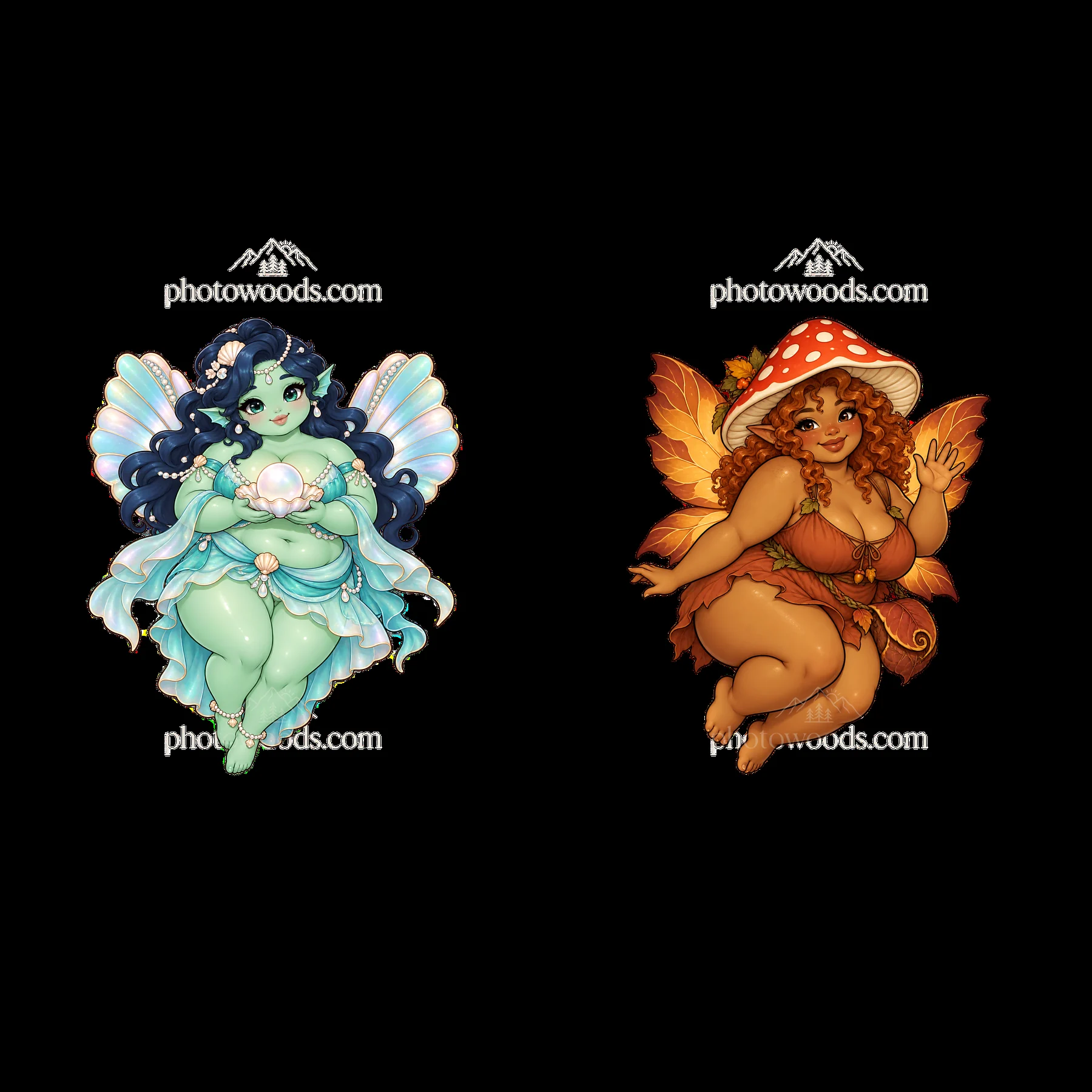 Kawaii ultra-fat fairies with colorful wings and playful expressions - AI-generated stock image