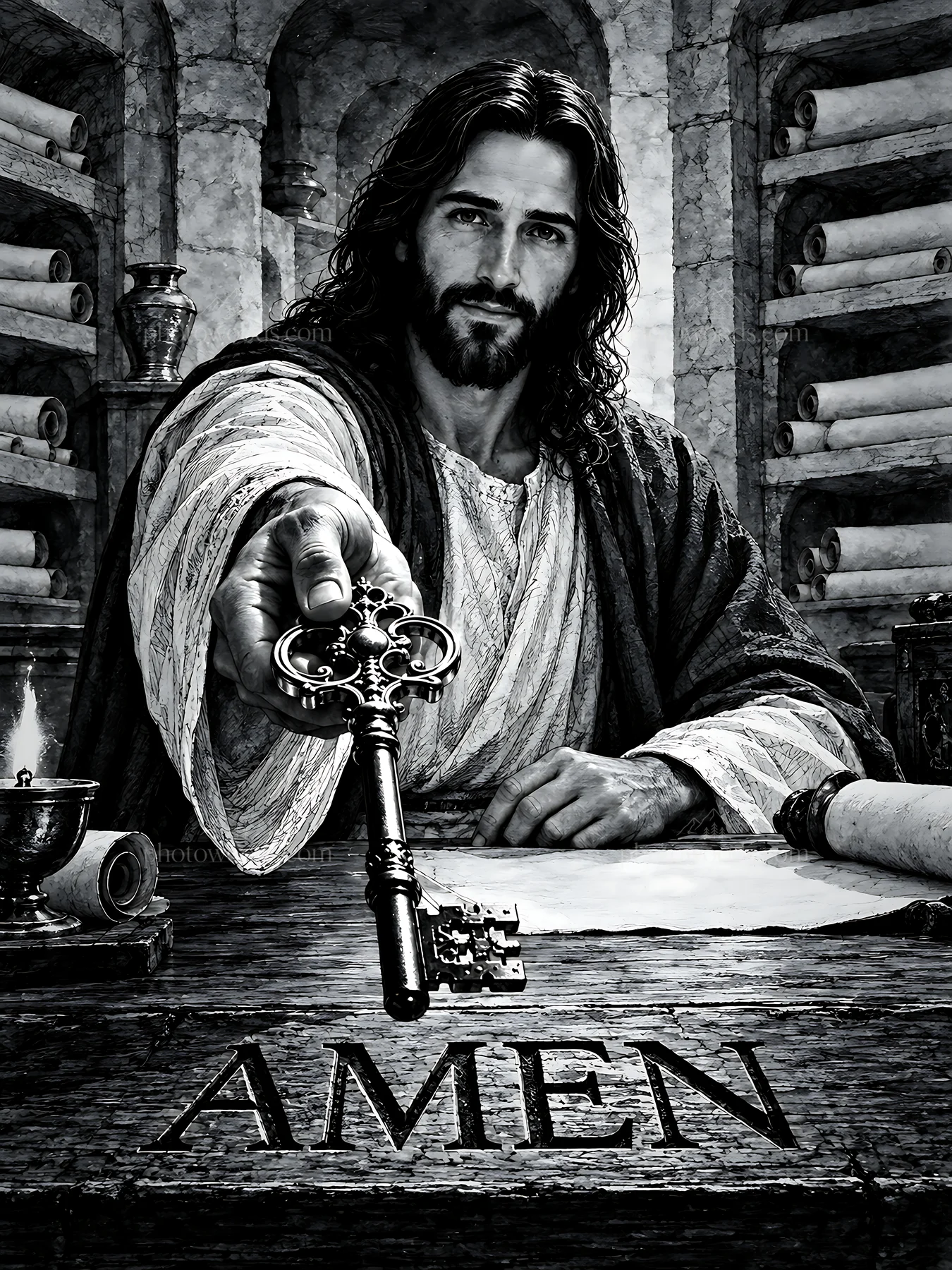 Man offering a key with the word amen in a library setting - AI-generated stock image
