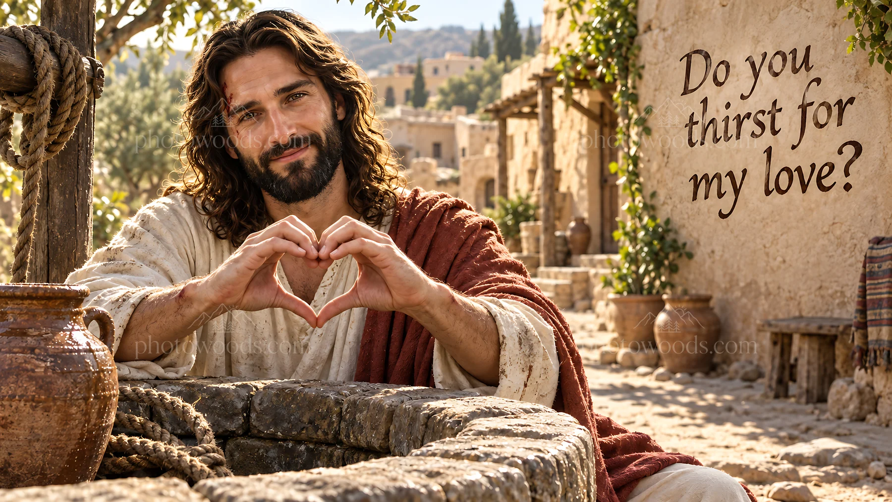 Jesus Christ offers love and compassion at a village well - AI-generated stock image