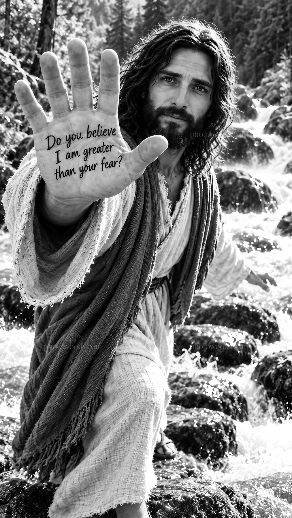 Jesus Christ inviting trust and comfort in a natural setting - AI-generated stock image