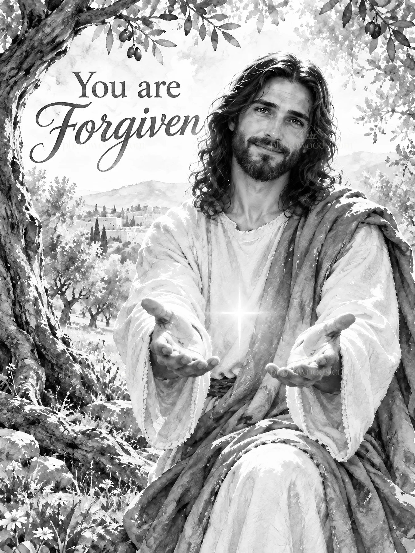 Jesus Christ showing forgiveness with open hands - AI-generated stock image