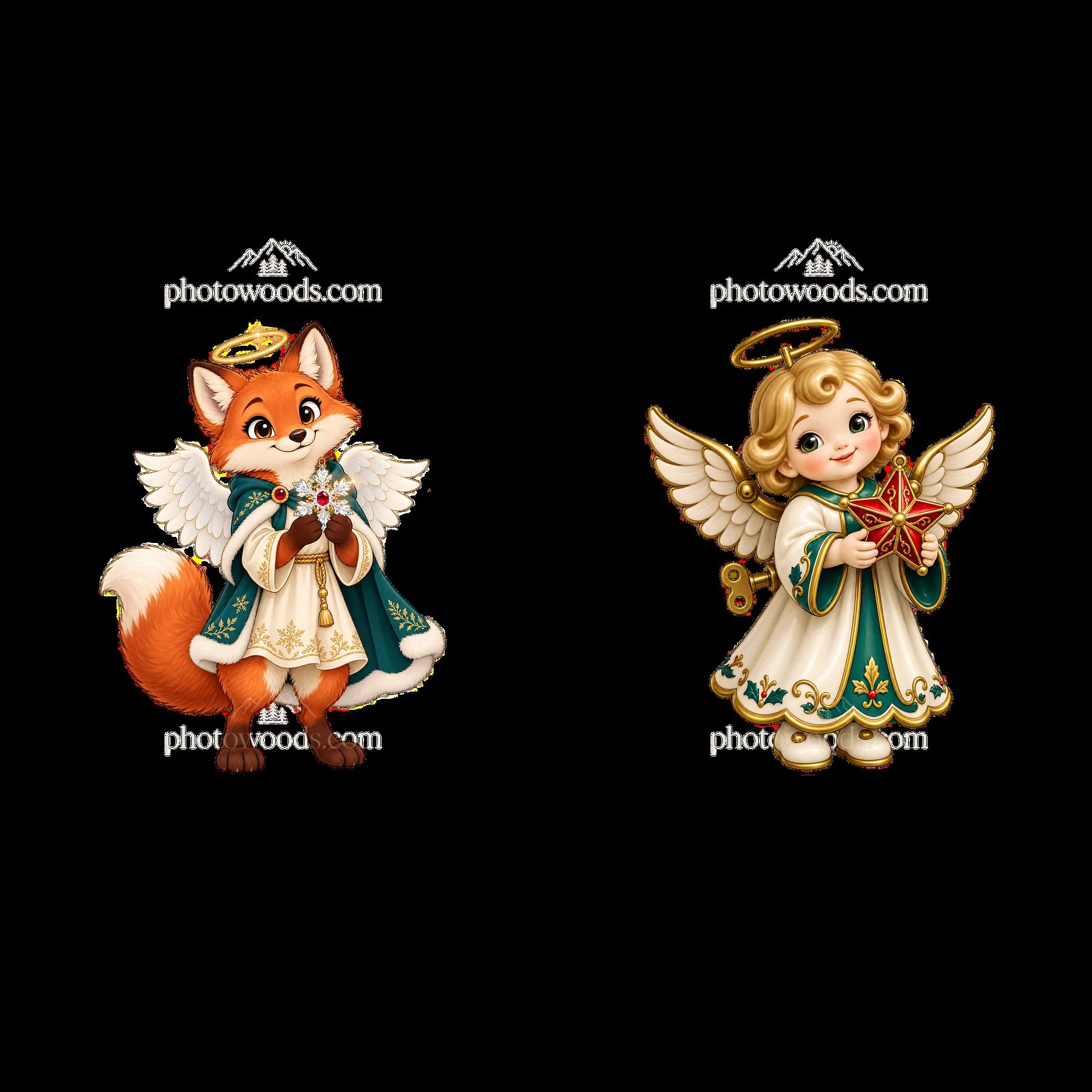 Christmas angel fox and girl stickers with wings and halos - AI-generated stock image