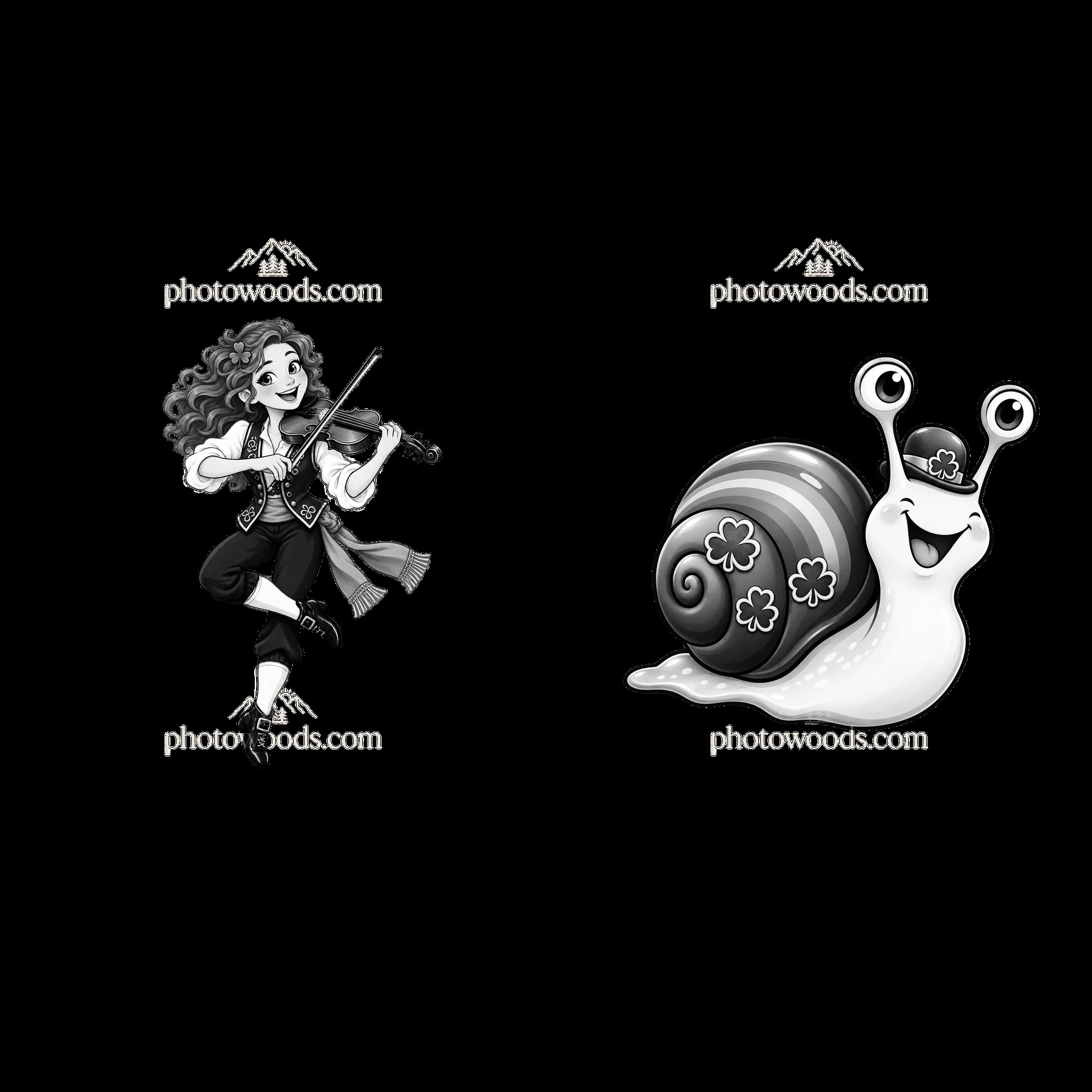 Girl playing violin with snail wearing a hat and shamrocks - AI-generated stock image