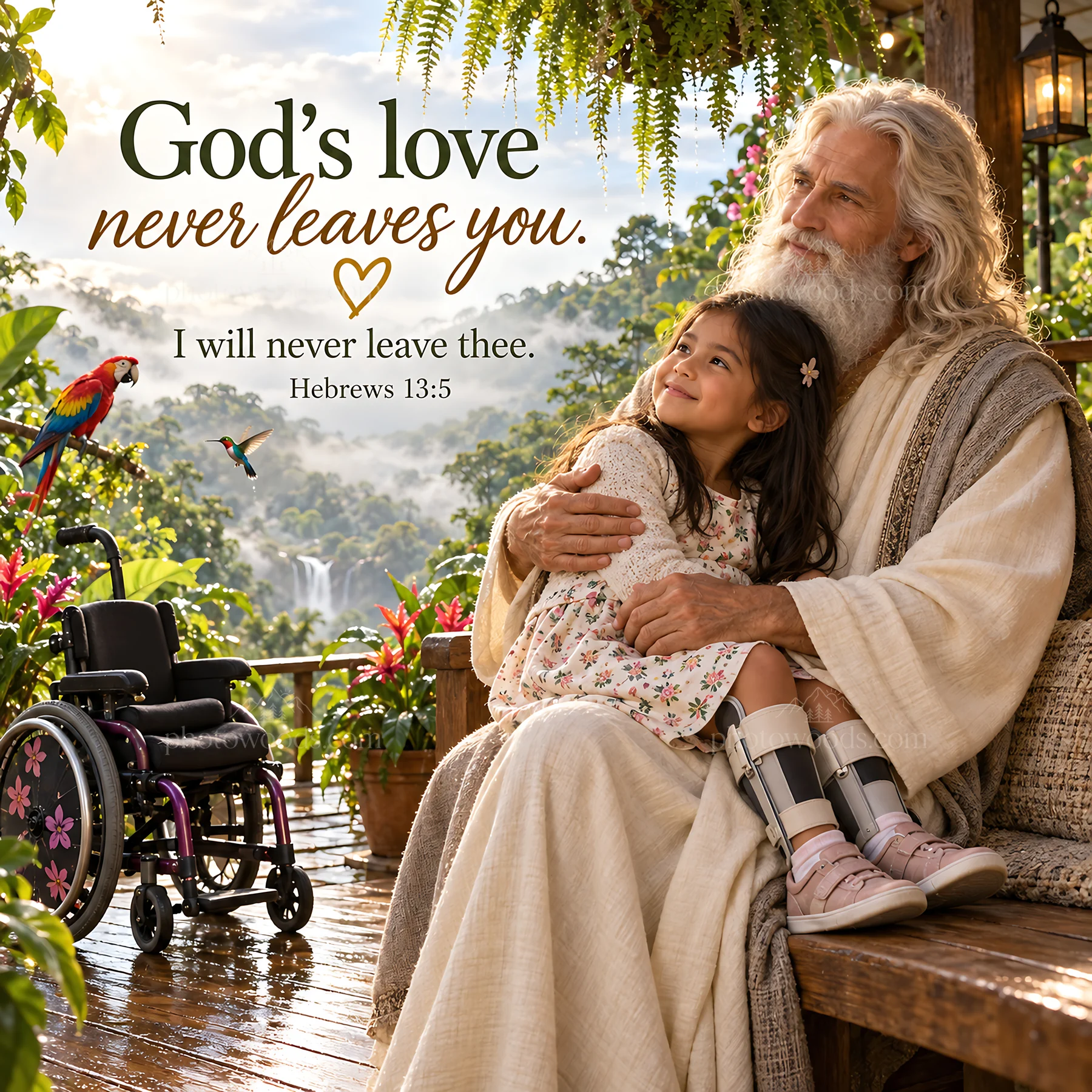 Jesus Christ comforting a young girl with a message of love - AI-generated stock image