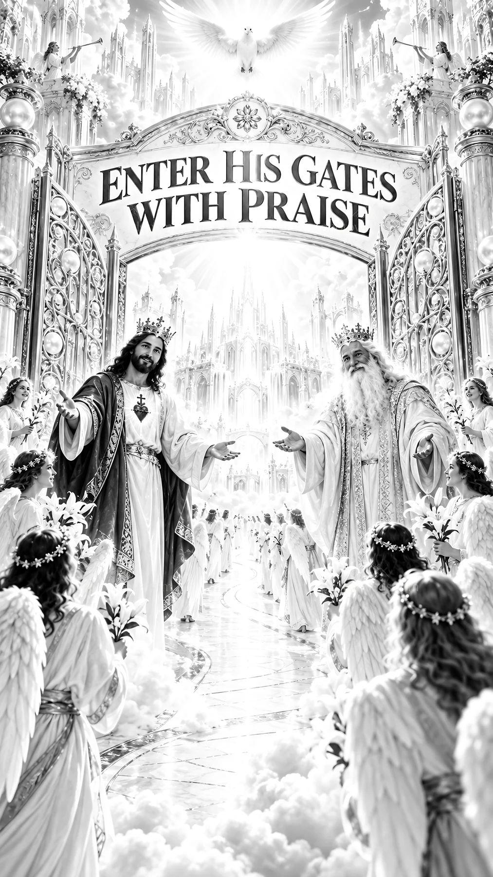 Jesus Christ welcoming believers with God in heavenly gates - AI-generated stock image
