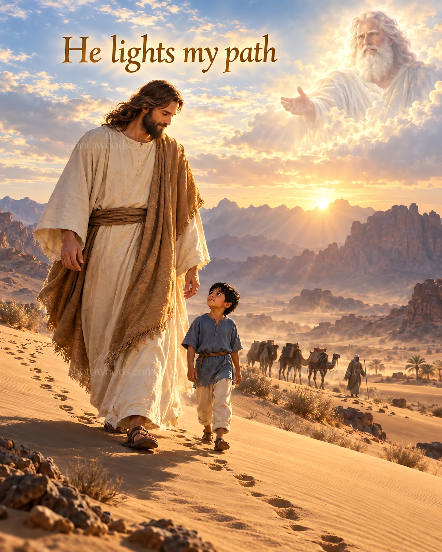 Jesus Christ walking with a child in the desert - AI-generated stock image