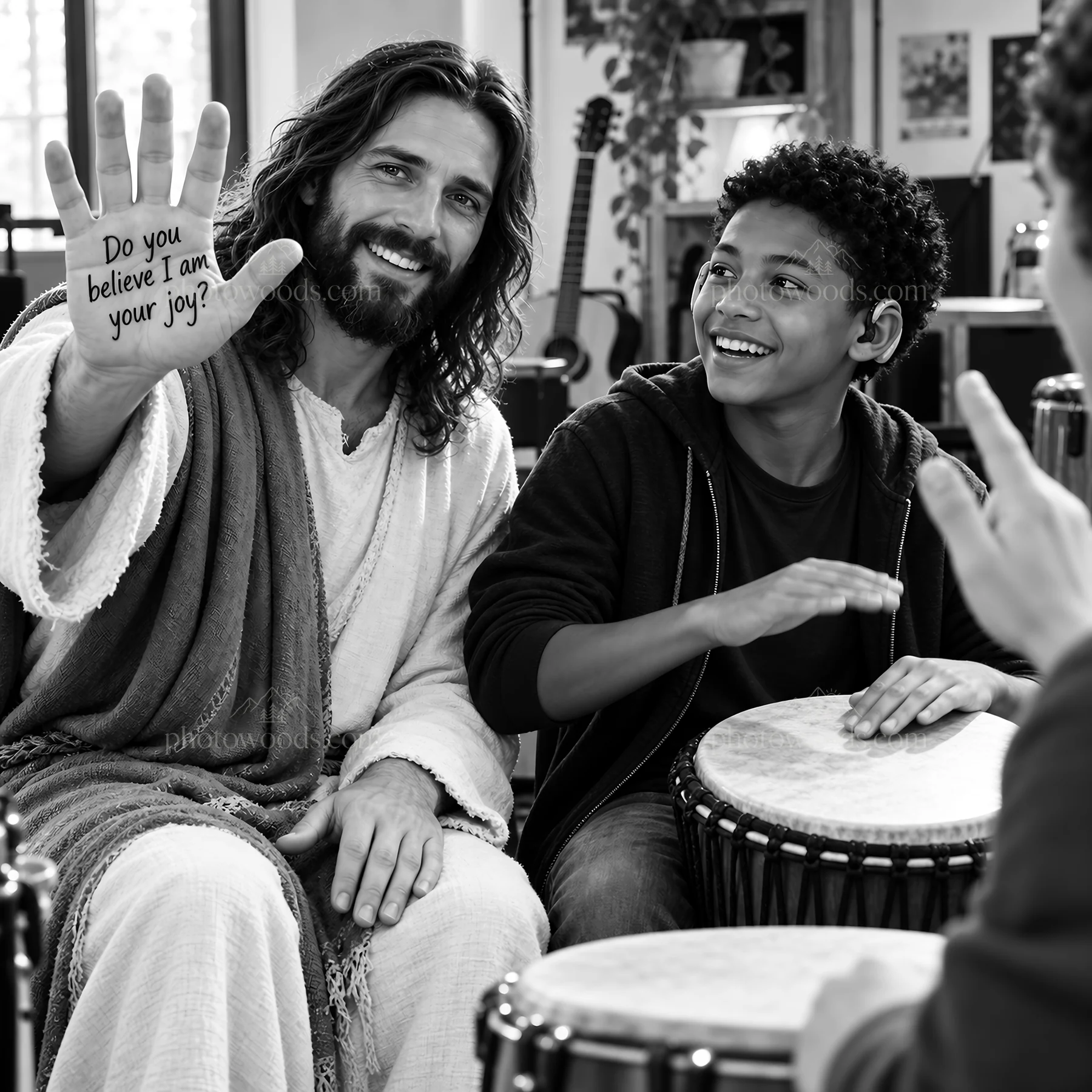 Jesus Christ sharing joy and music with a young boy - AI-generated stock image