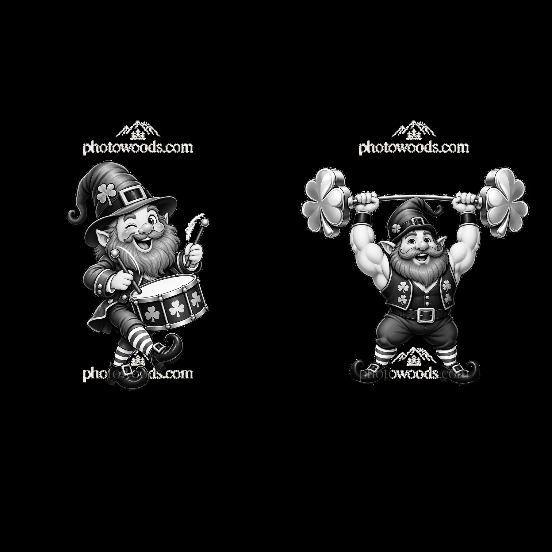 St. Patrick's Day gnome drumming and lifting weights - AI-generated stock image