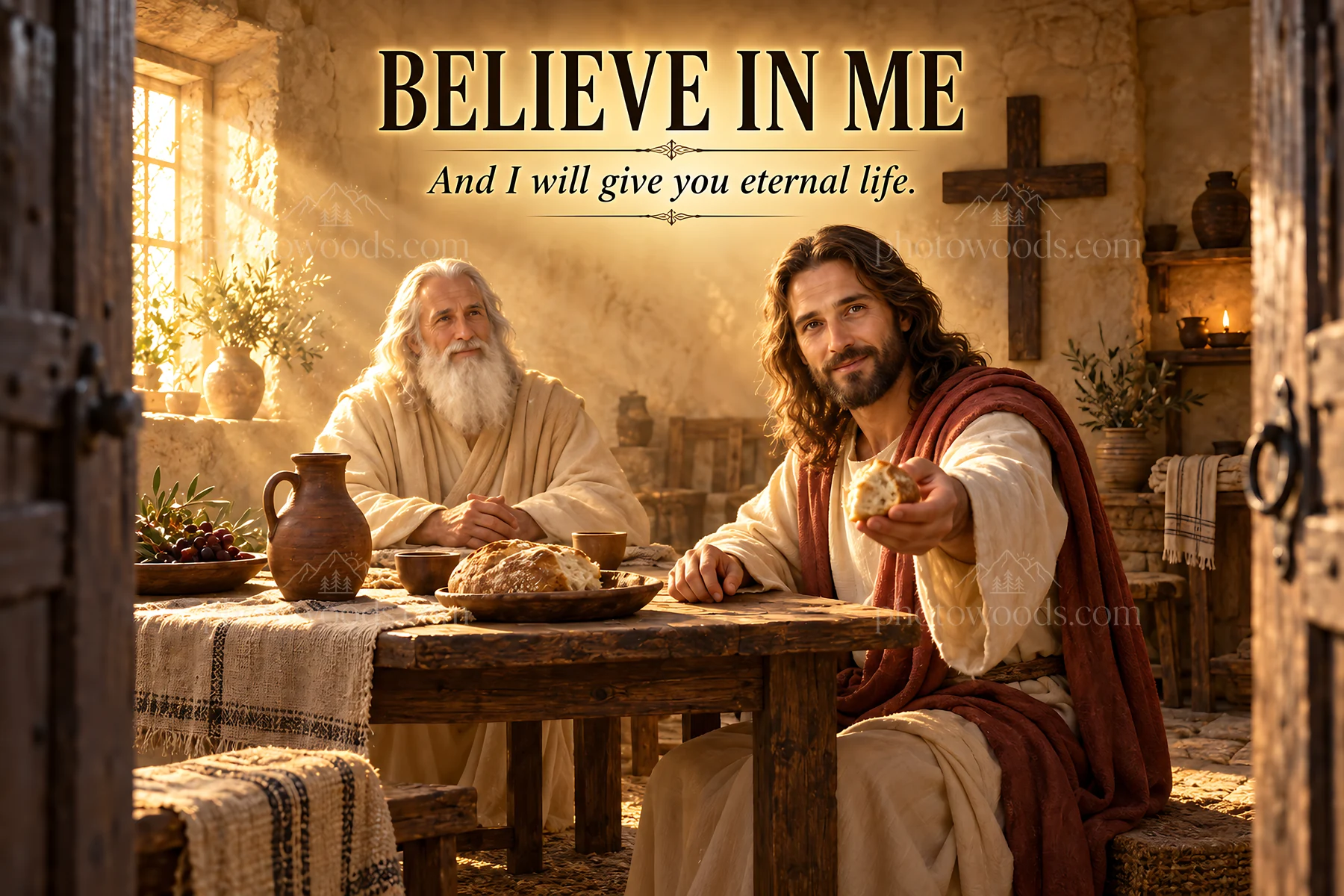 Jesus Christ sharing bread and teaching at a table - AI-generated stock image