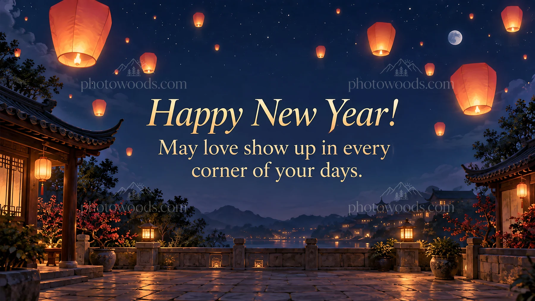 New Year Lanterns Over a Lakeside Courtyard - AI-generated stock image