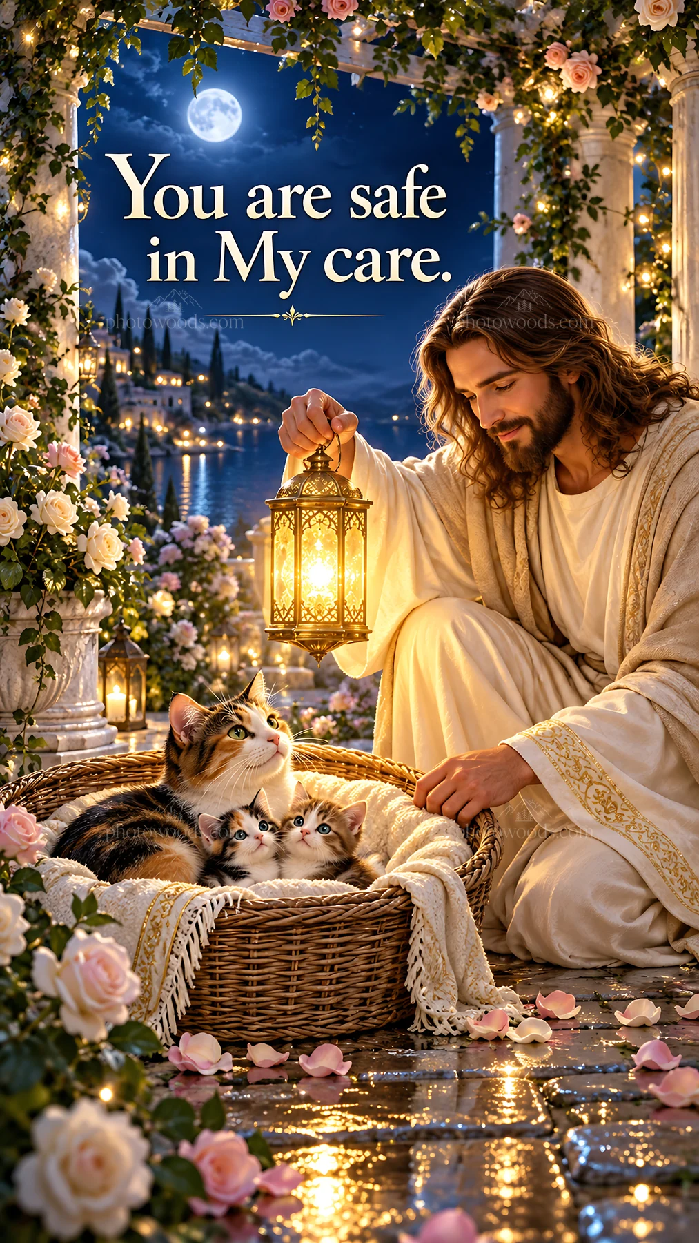 Jesus Christ comforting a cat and her kittens - AI-generated stock image