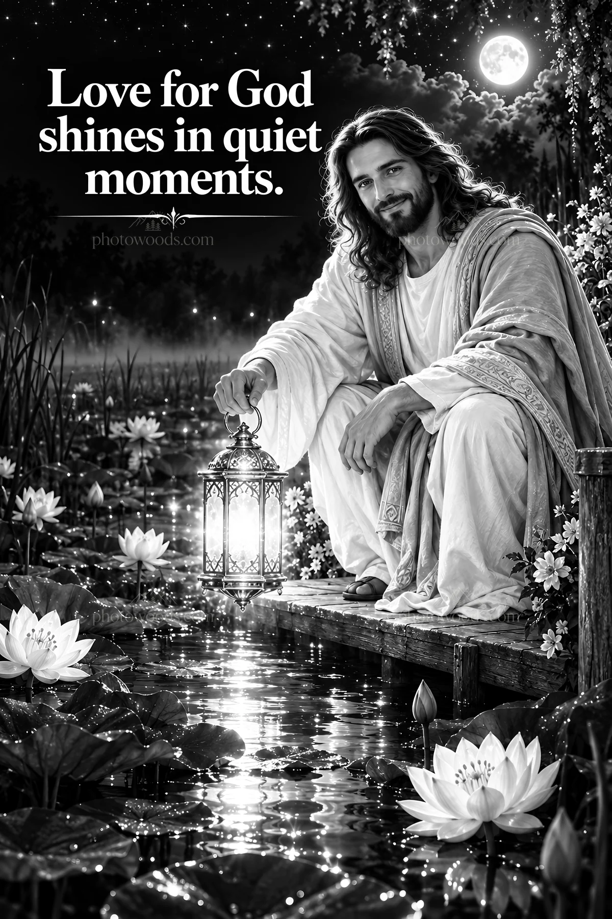 Jesus Christ holds a lantern by the water in quiet moments - AI-generated stock image
