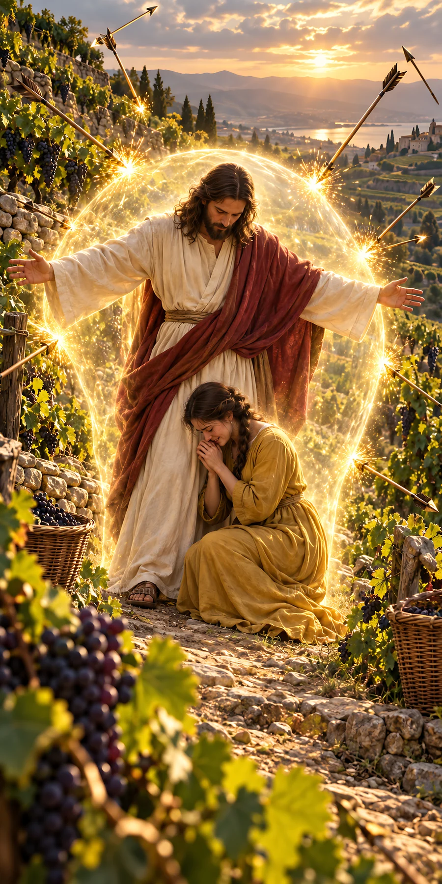 Jesus Christ comforts a woman in a vineyard - AI-generated stock image