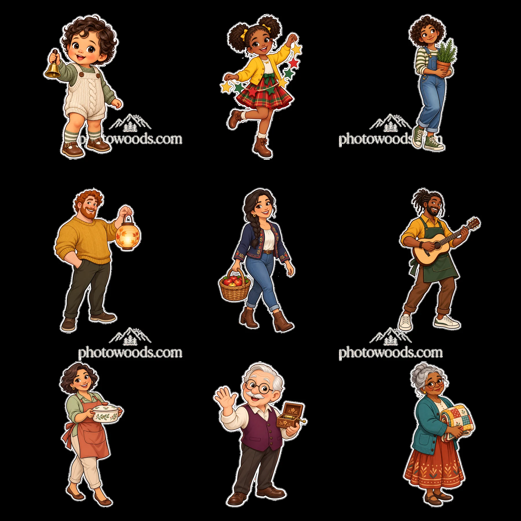 Traditional family moments with diverse characters in activities - AI-generated stock image