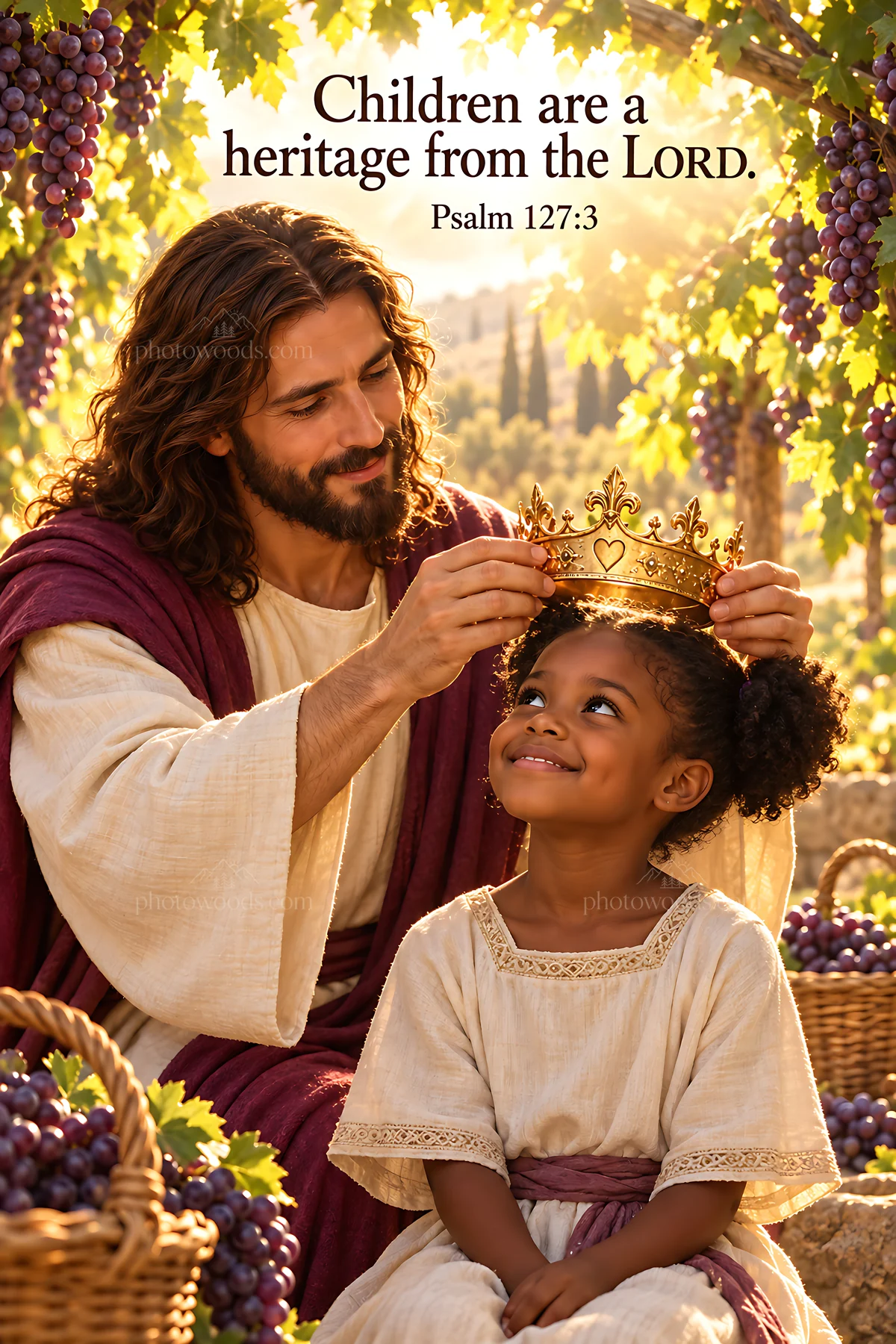 Children under the vineyard arbor with grapes and baskets - AI-generated stock image