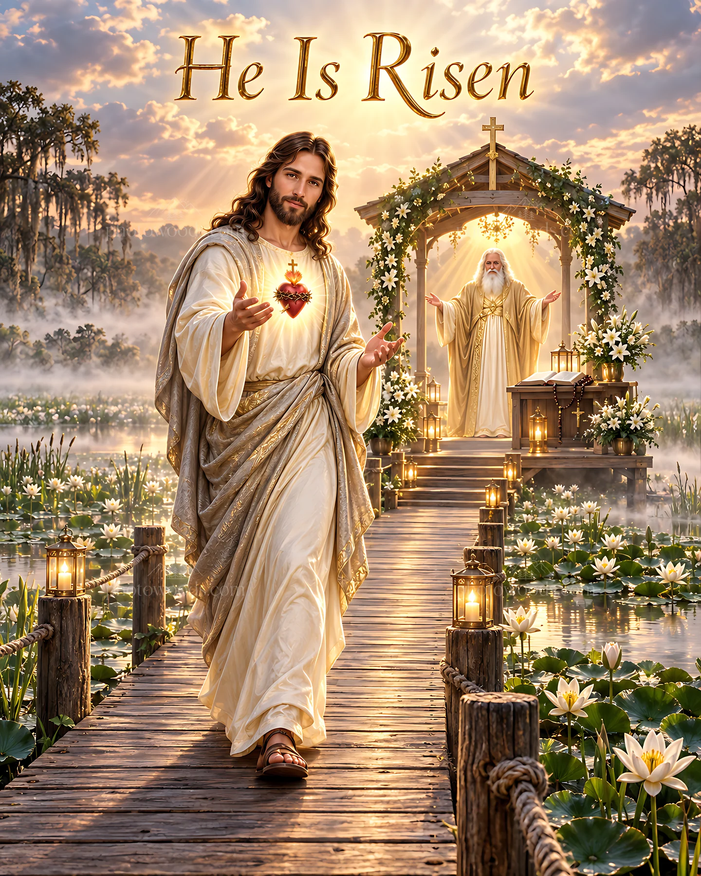 Awakening in the Lily Marsh with a figure in white robes - AI-generated stock image