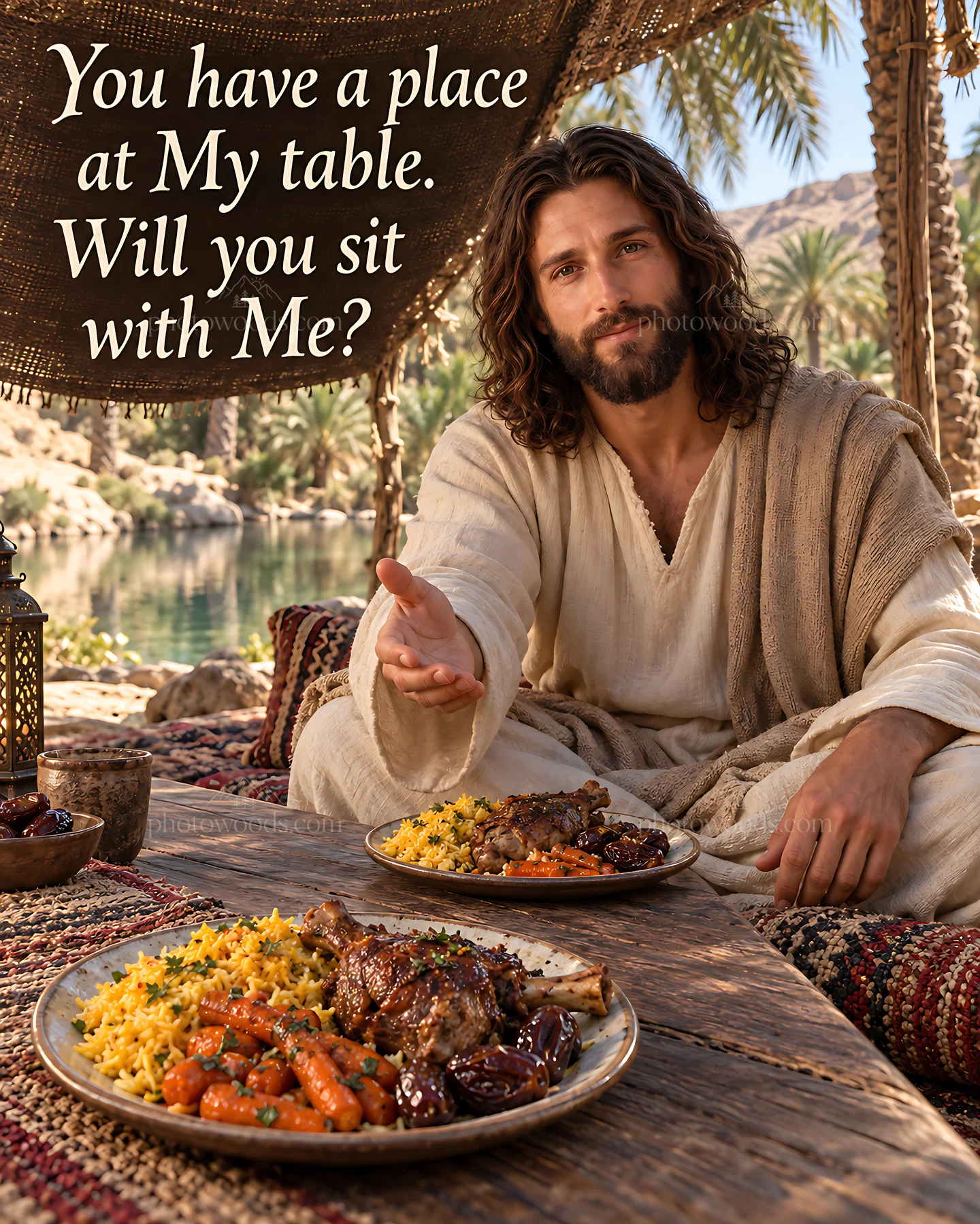 Dinner beside the desert oasis with inviting table setting - AI-generated stock image