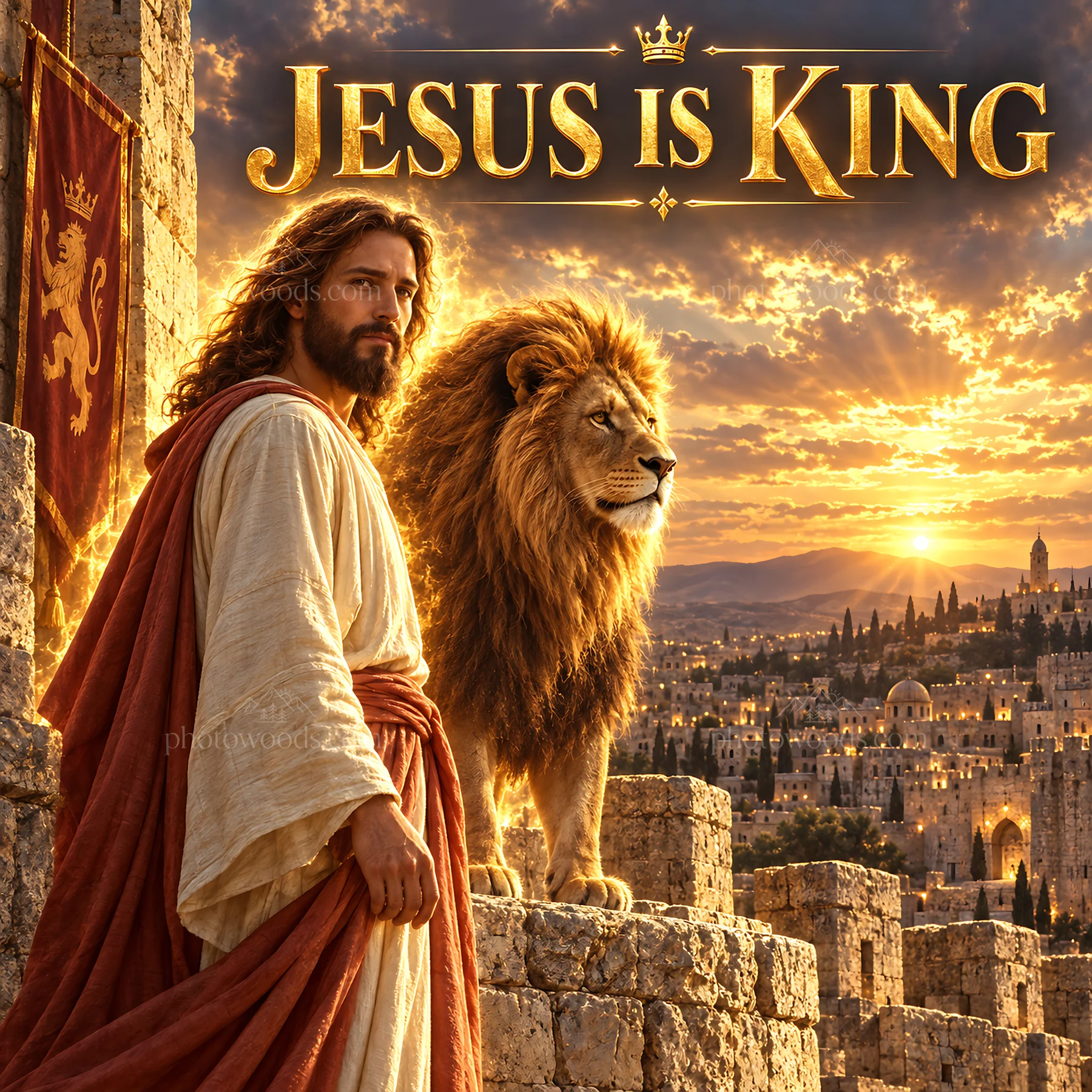 Jesus Christ standing with a lion at sunset in a city - AI-generated stock image