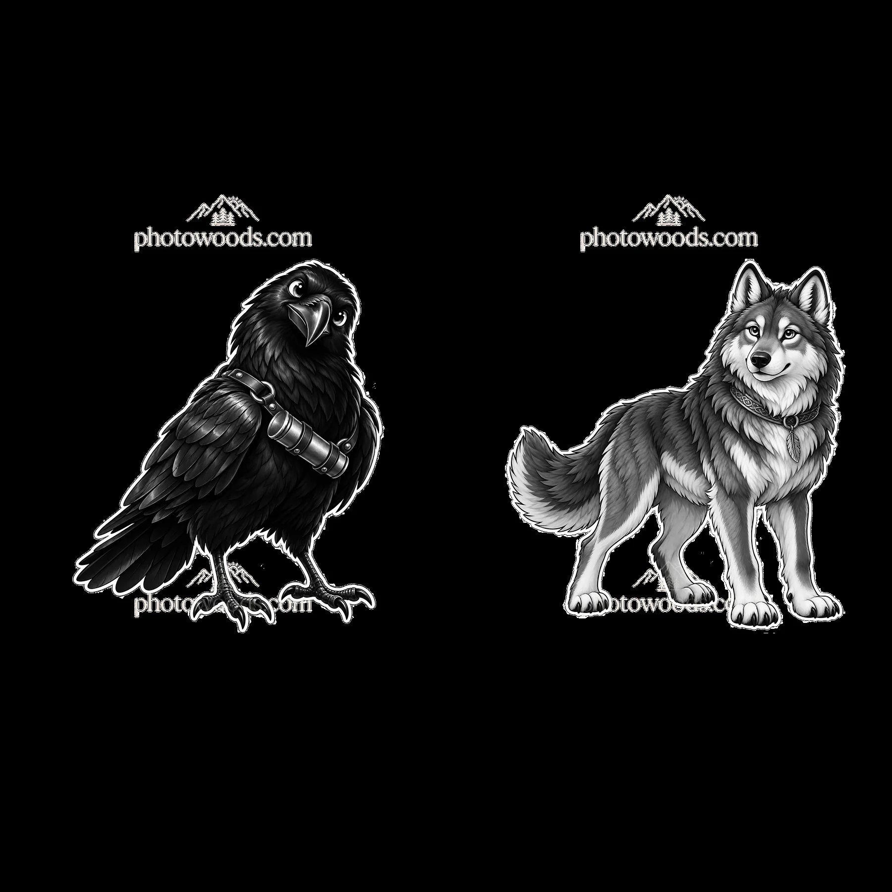 Cartoon stickers of a raven and a wolf in black-and-white design - AI-generated stock image