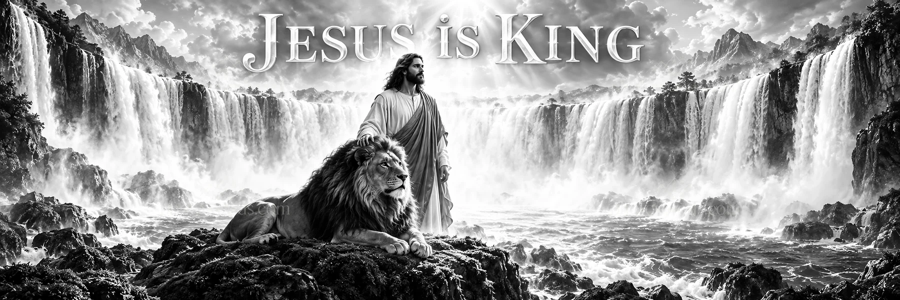 Jesus Christ standing by a waterfall with a lion - AI-generated stock image