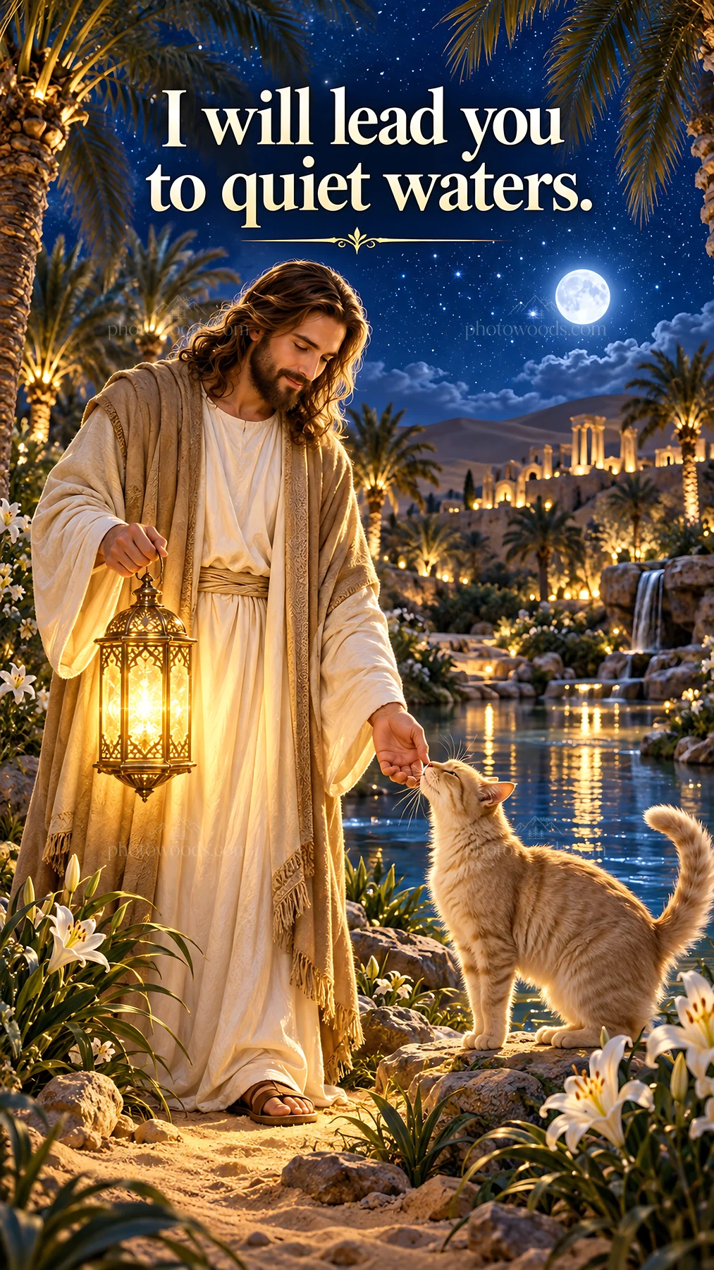 Jesus Christ leading a cat to quiet waters - AI-generated stock image
