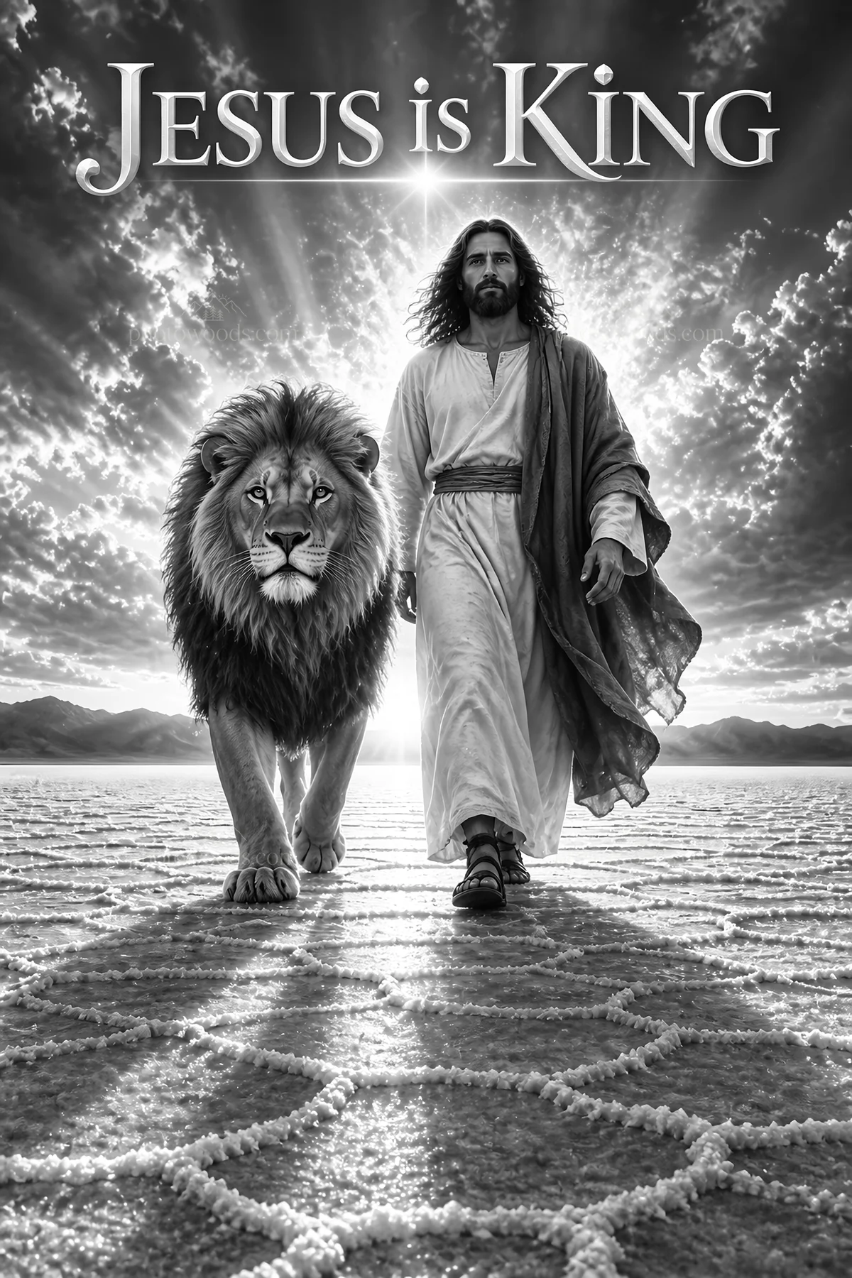 Jesus Christ walking with a lion in a desert landscape - AI-generated stock image