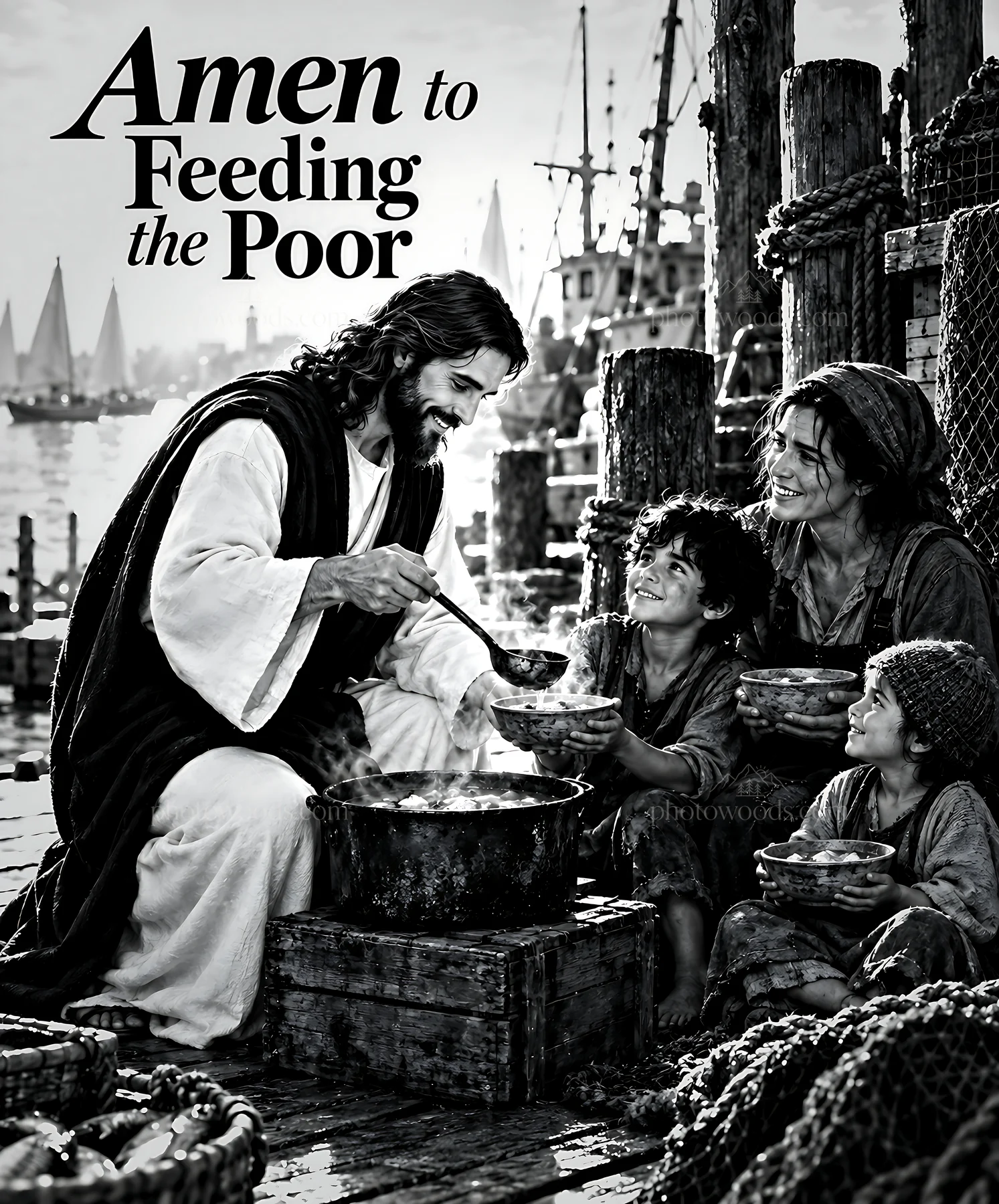Warm food served at the harbor by a figure sharing with others - AI-generated stock image