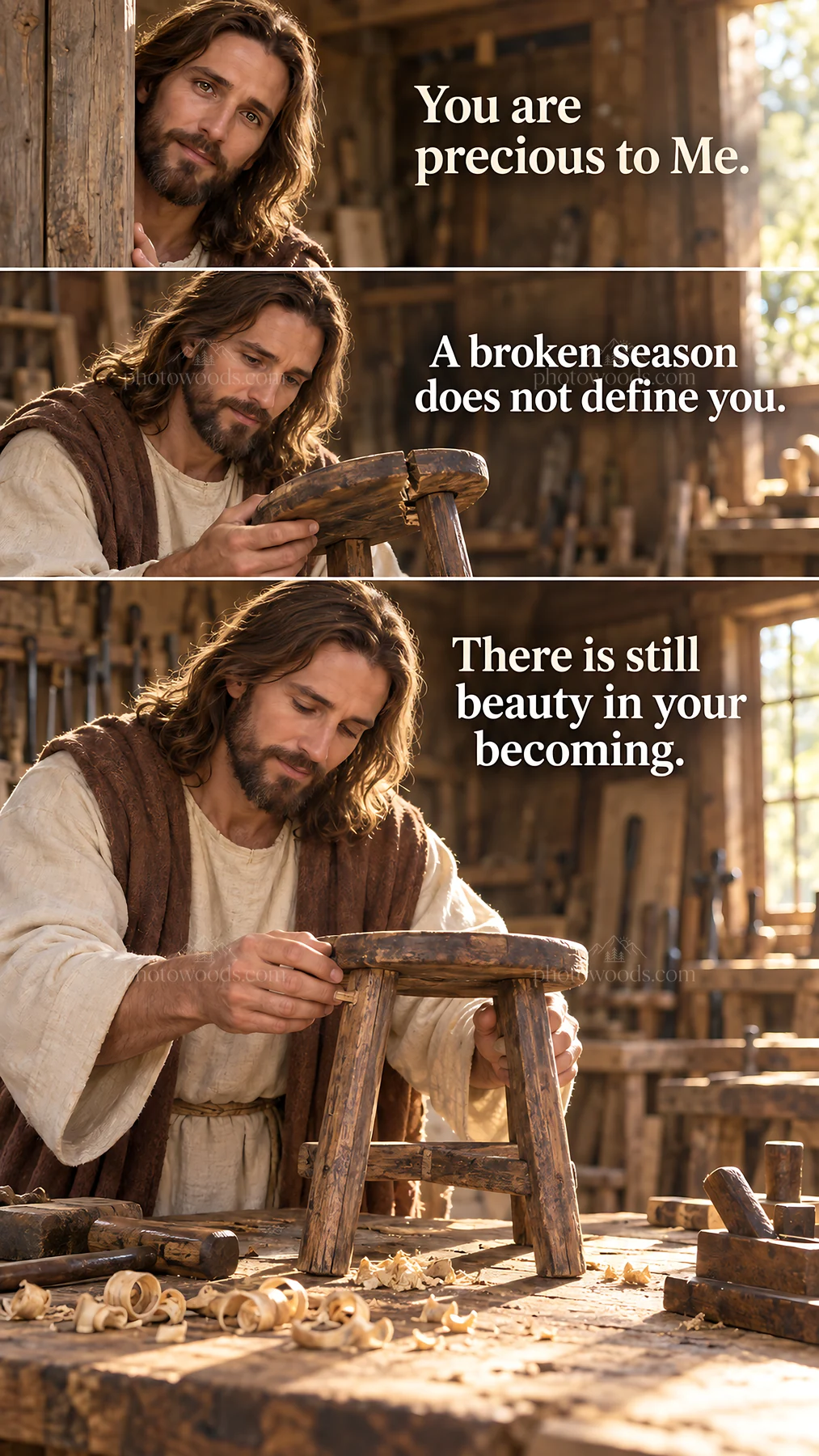 Jesus Christ creating a stool in a workshop - AI-generated stock image