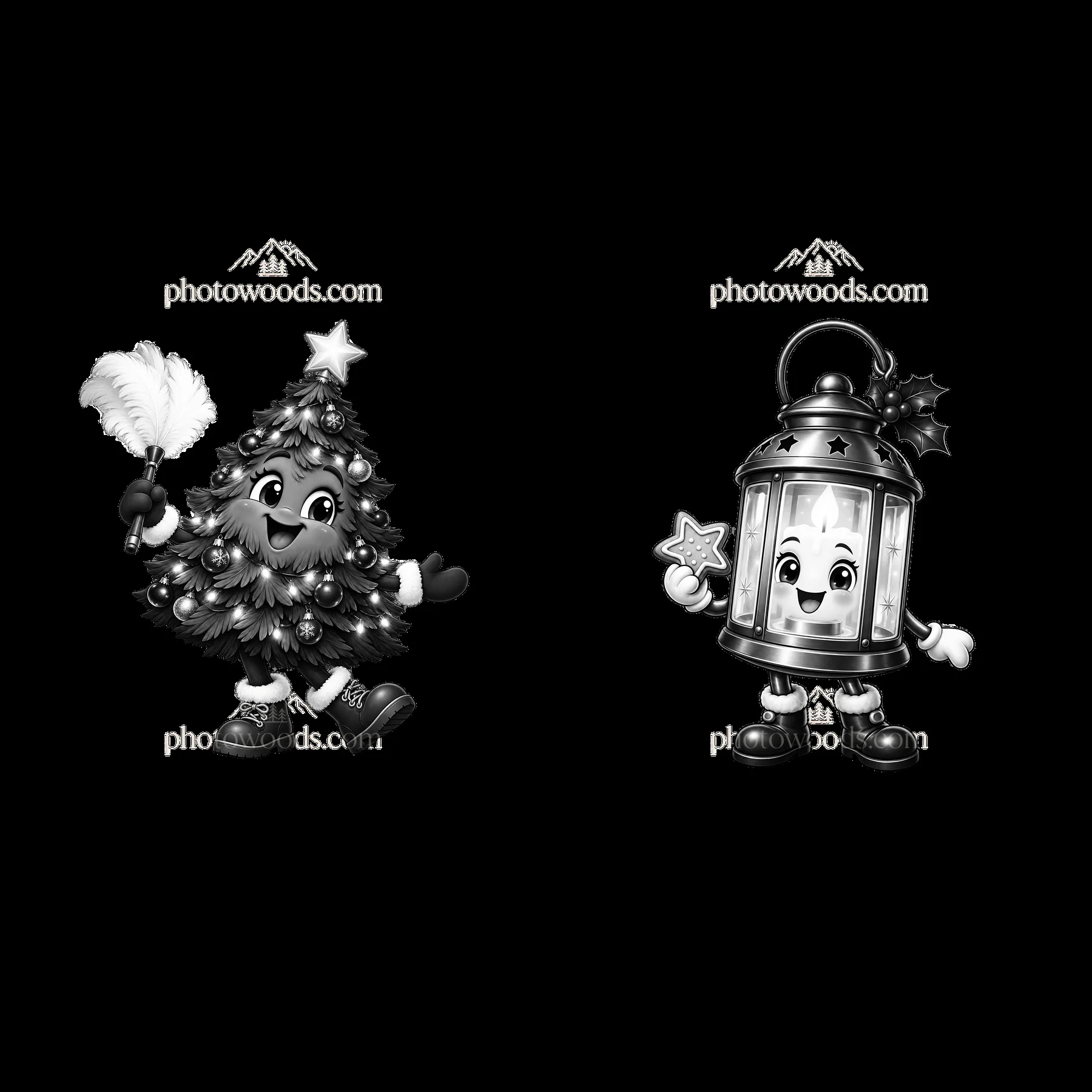 Cartoon Christmas tree and lantern characters sharing holiday joy - AI-generated stock image
