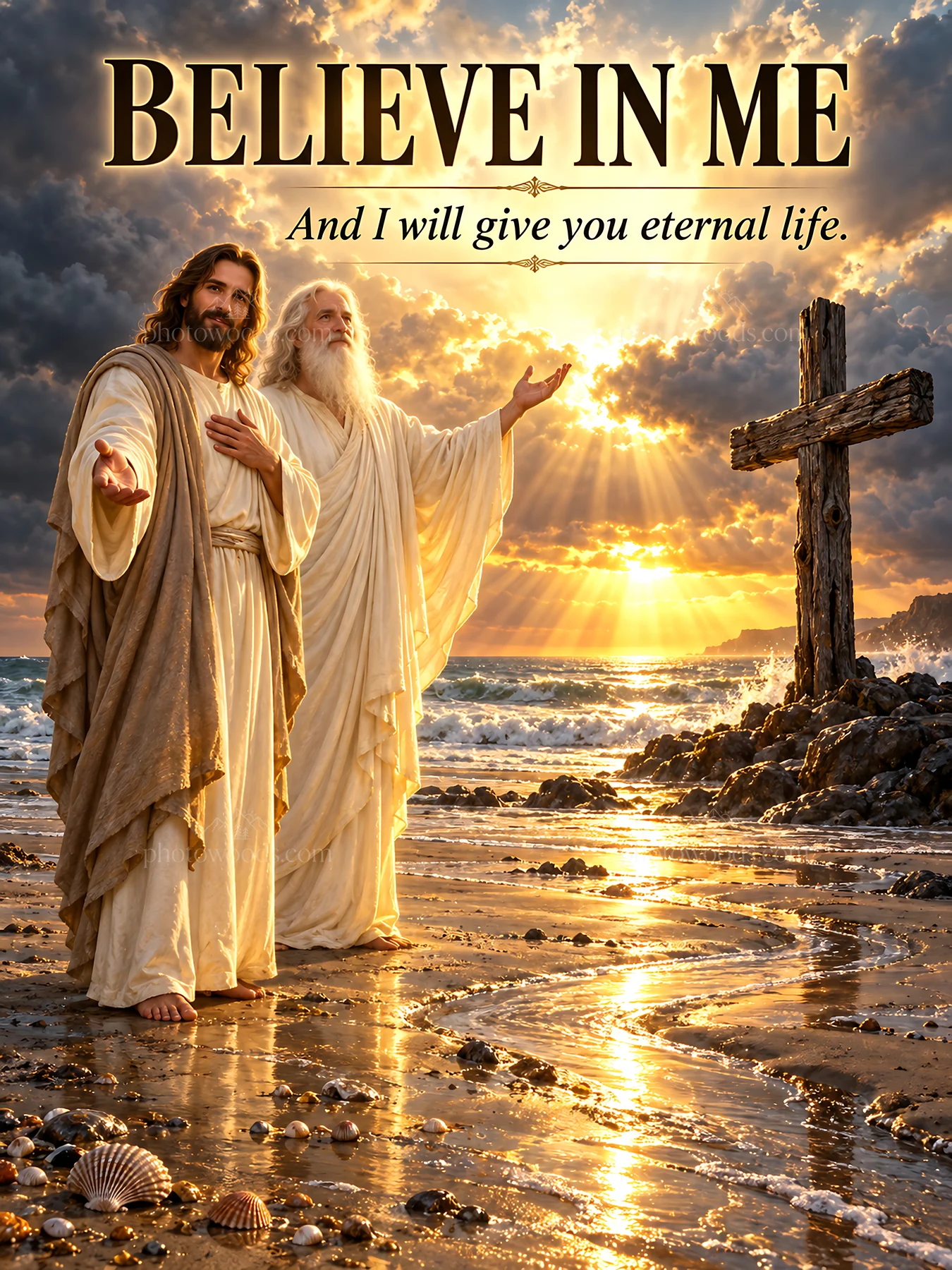 Jesus Christ welcoming believers on a beach at sunset - AI-generated stock image