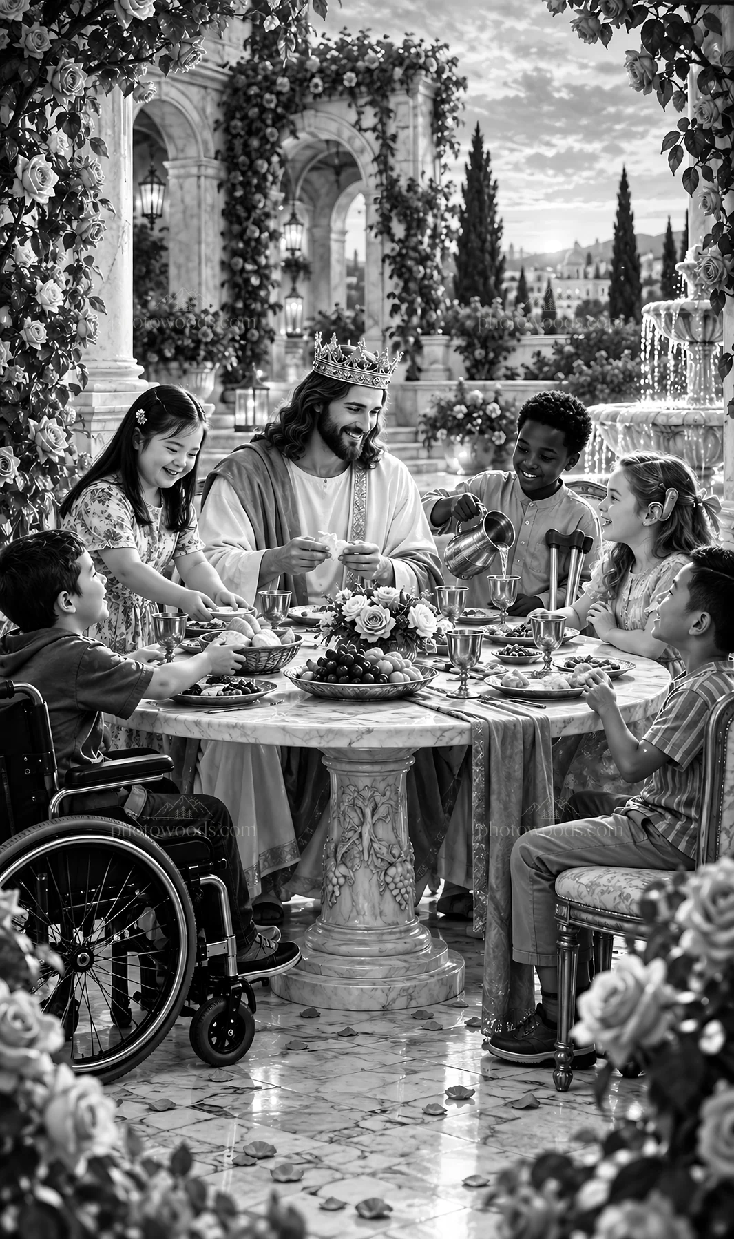 Jesus Christ sharing a meal with children in a garden setting - AI-generated stock image