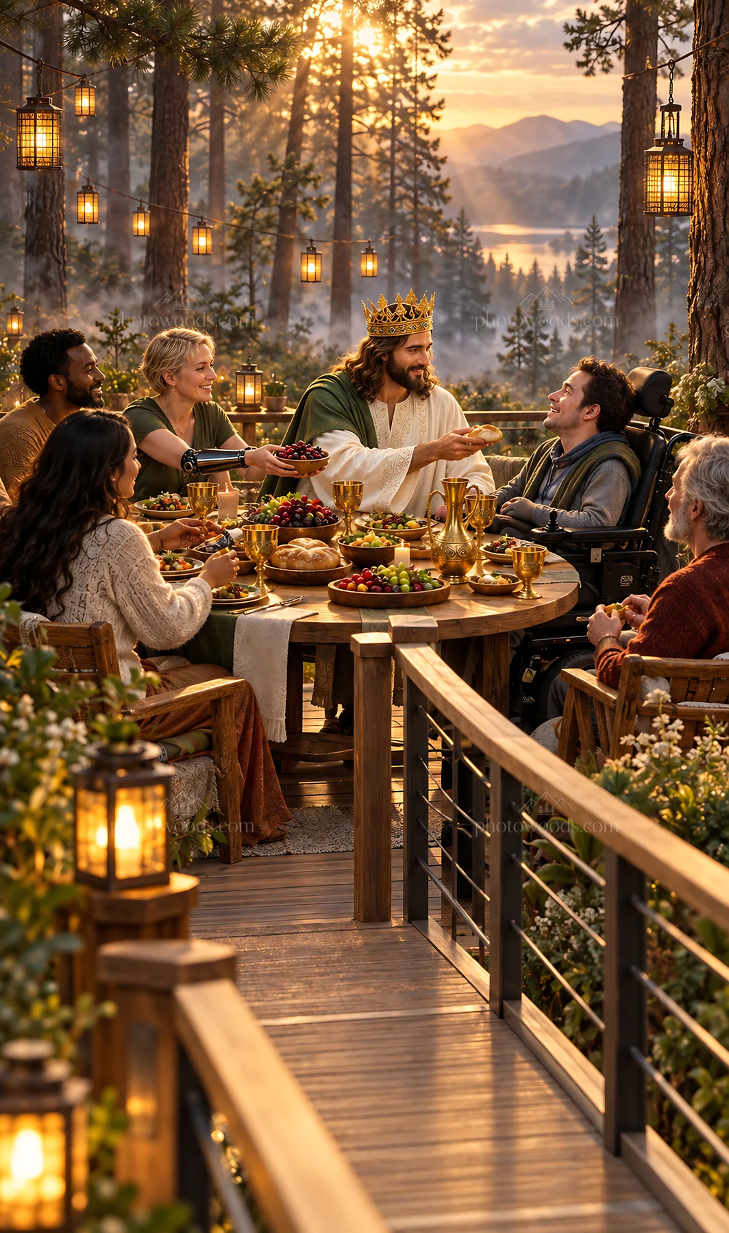 Jesus Christ sharing a meal with followers in a forest setting - AI-generated stock image