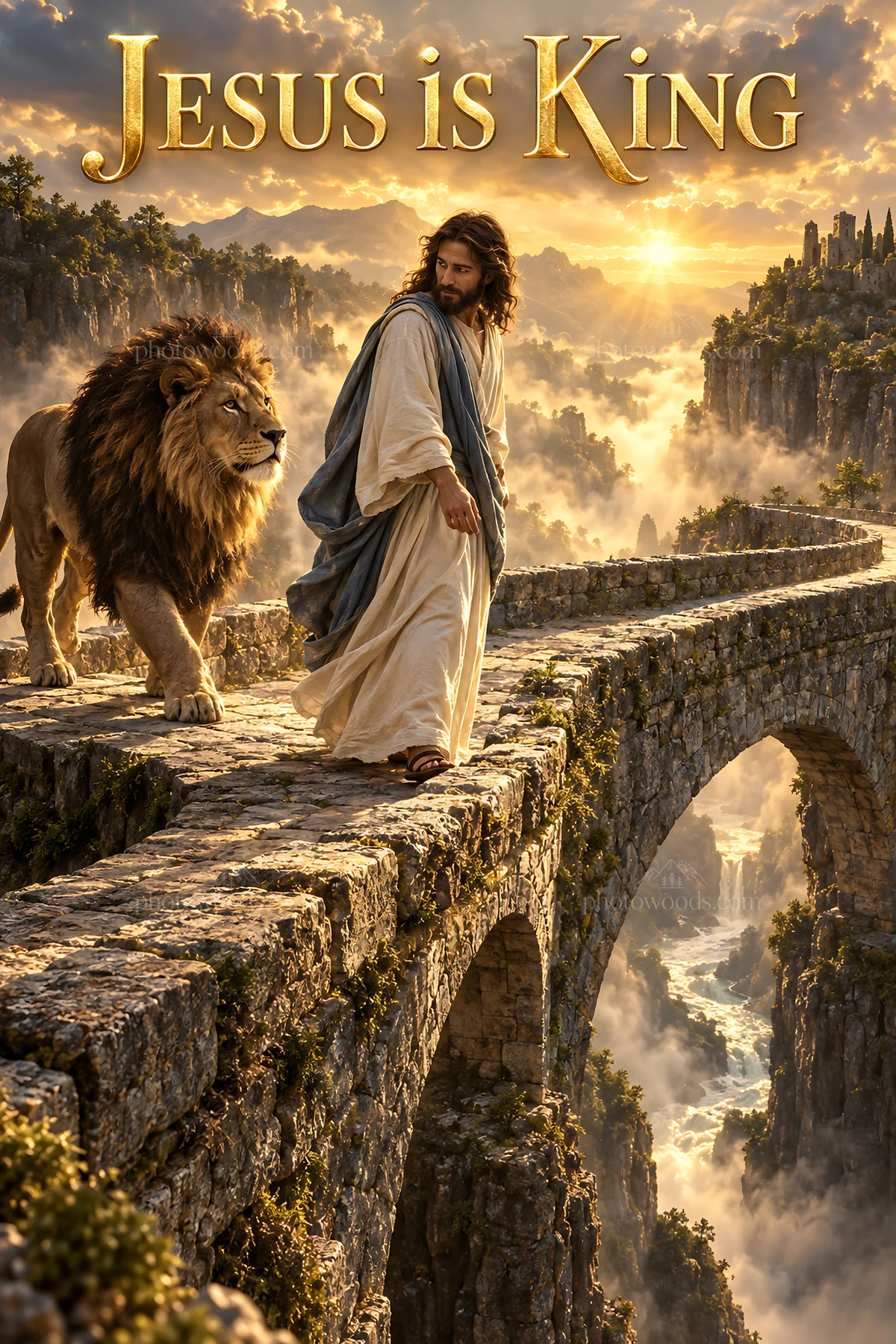 Jesus Christ walking with a lion across a stone bridge - AI-generated stock image