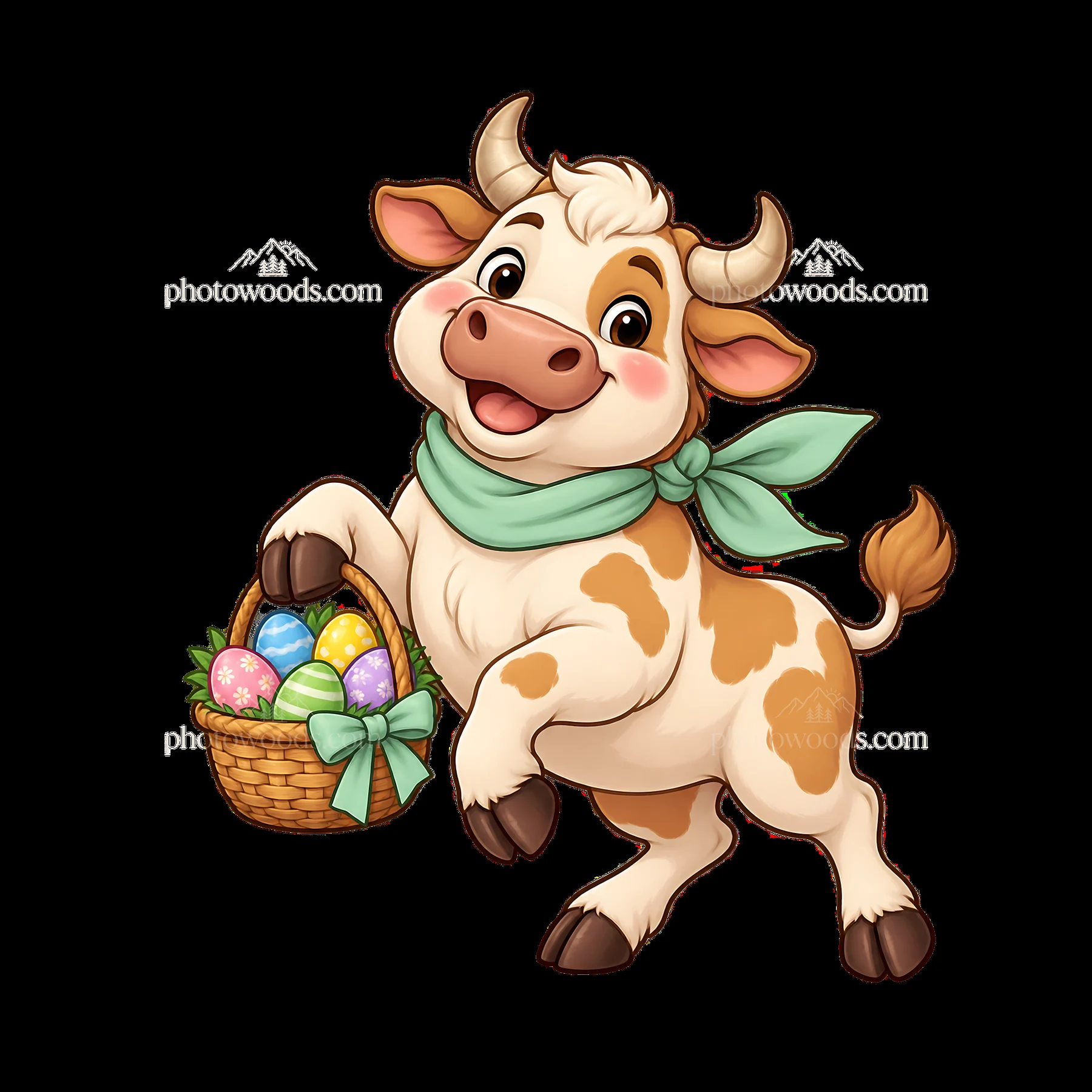 Easter ox holding a basket of colorful eggs - AI-generated stock image