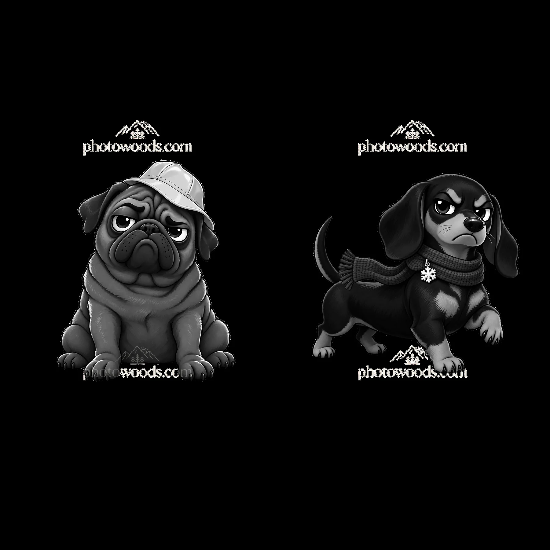 Kawaii grumpy dog pair with accessories and distinct expressions - AI-generated stock image