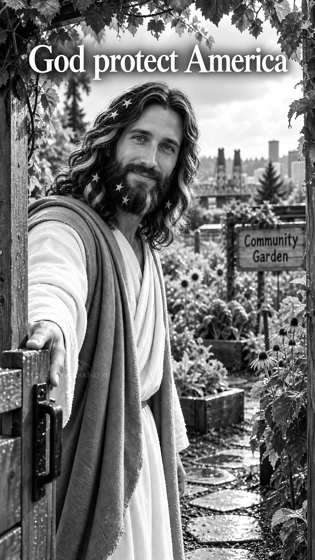 Jesus Christ welcomes visitors to a community garden - AI-generated stock image